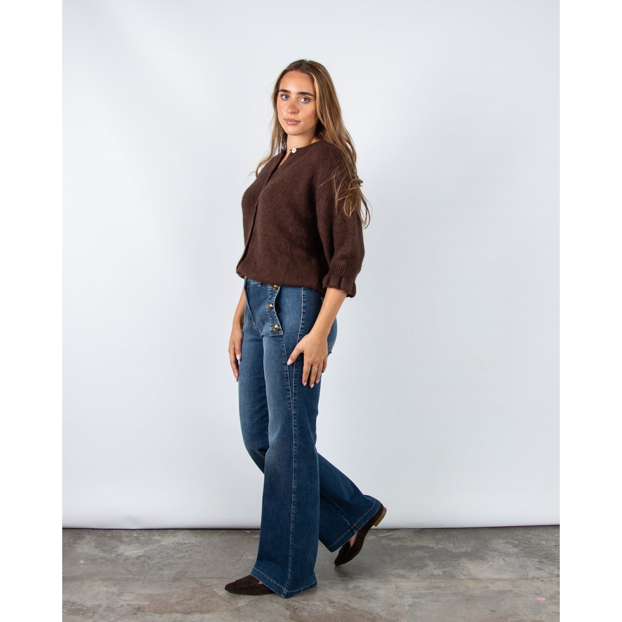 Marta Soft Knit Button Cardigan With Frill Cuff Chocolate