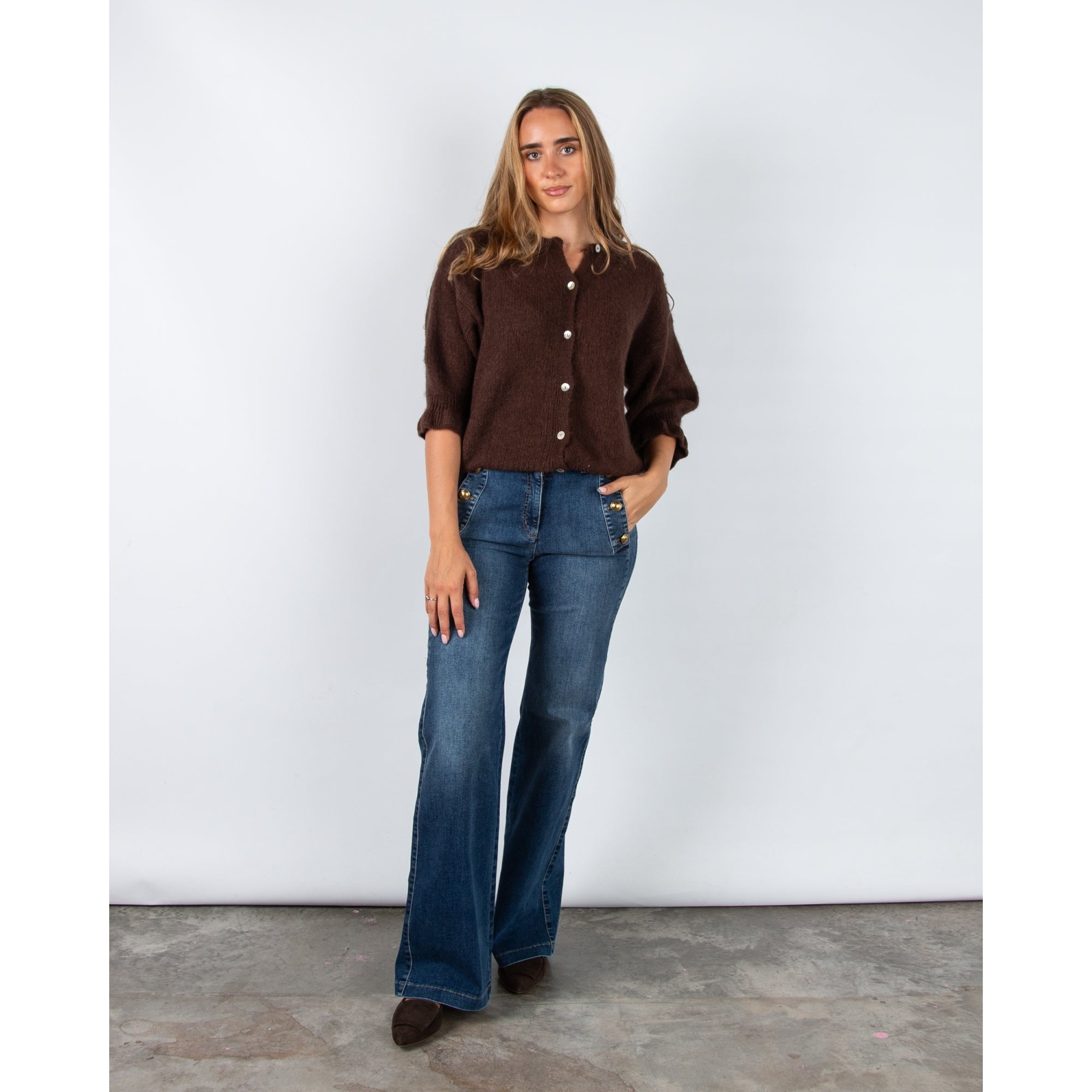 Marta Soft Knit Button Cardigan With Frill Cuff Chocolate