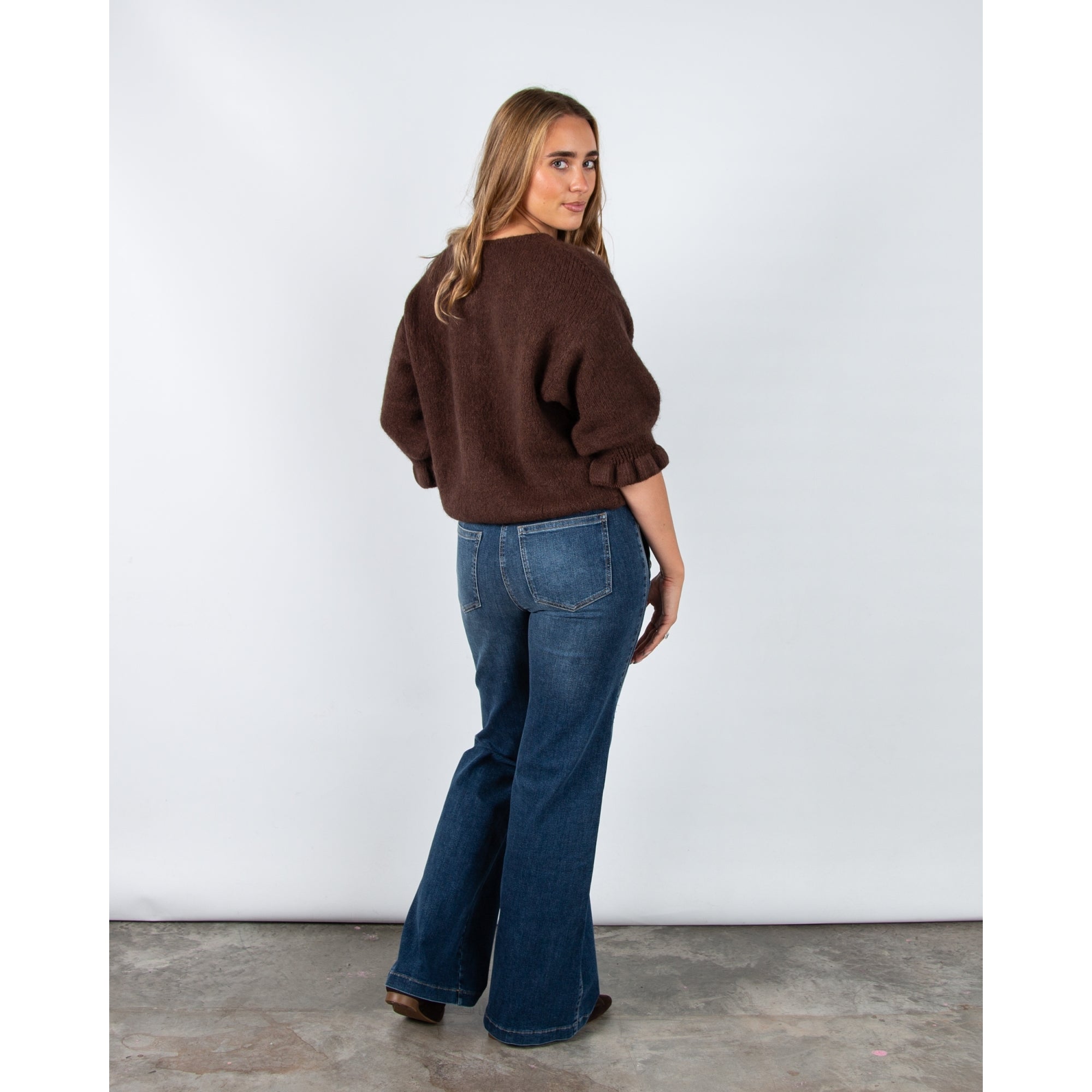 Marta Soft Knit Button Cardigan With Frill Cuff Chocolate