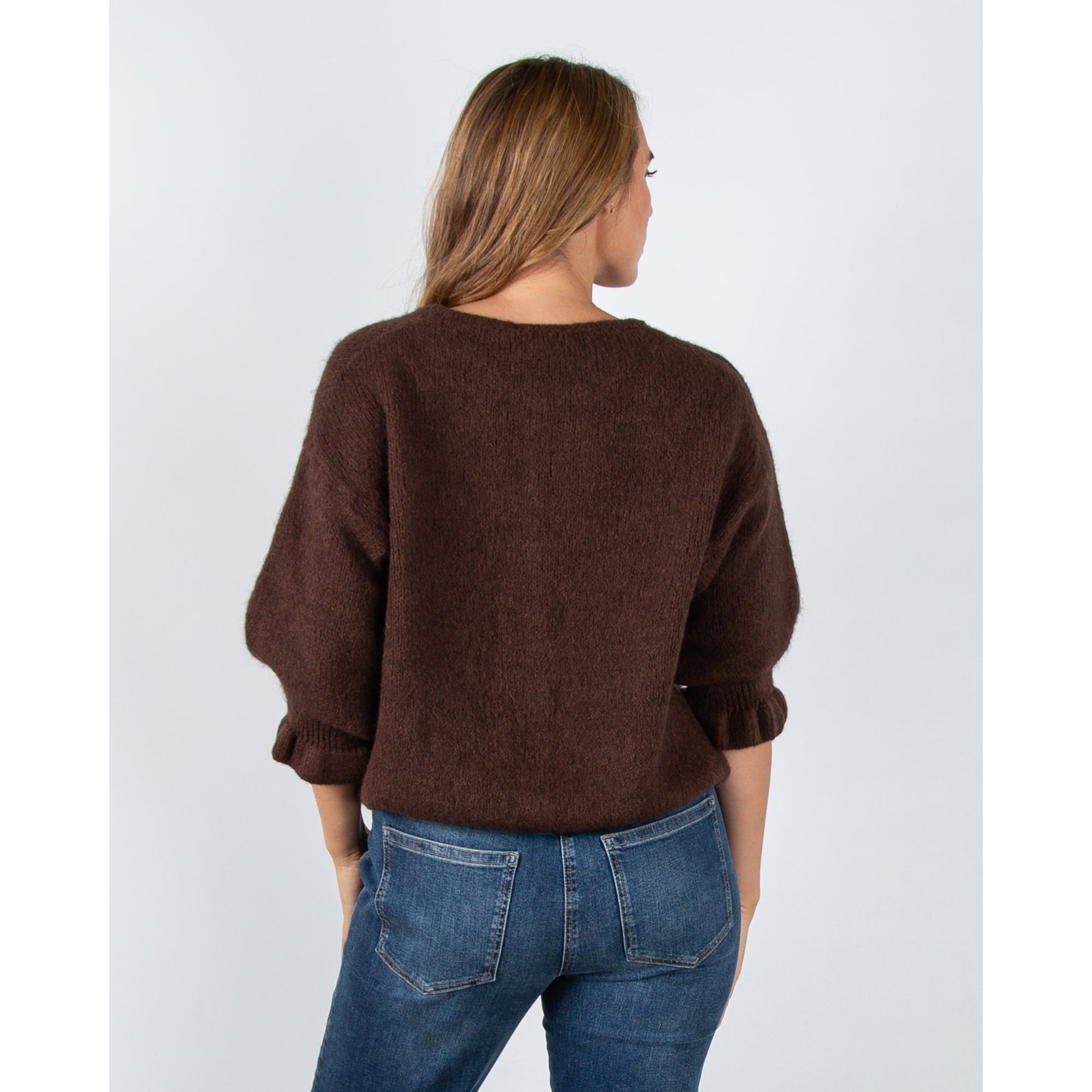 Marta Soft Knit Button Cardigan With Frill Cuff Chocolate