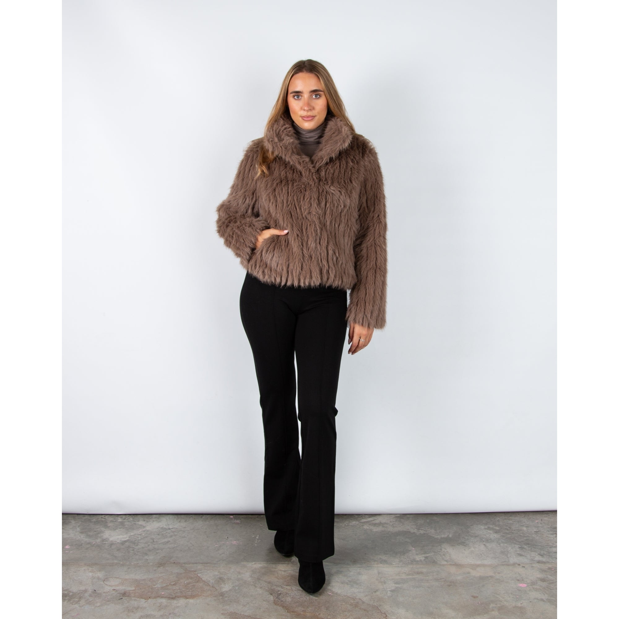 Rino & Pelle Faith Shaggy Ribbed High Collar Faux Fur Jacket Toffee