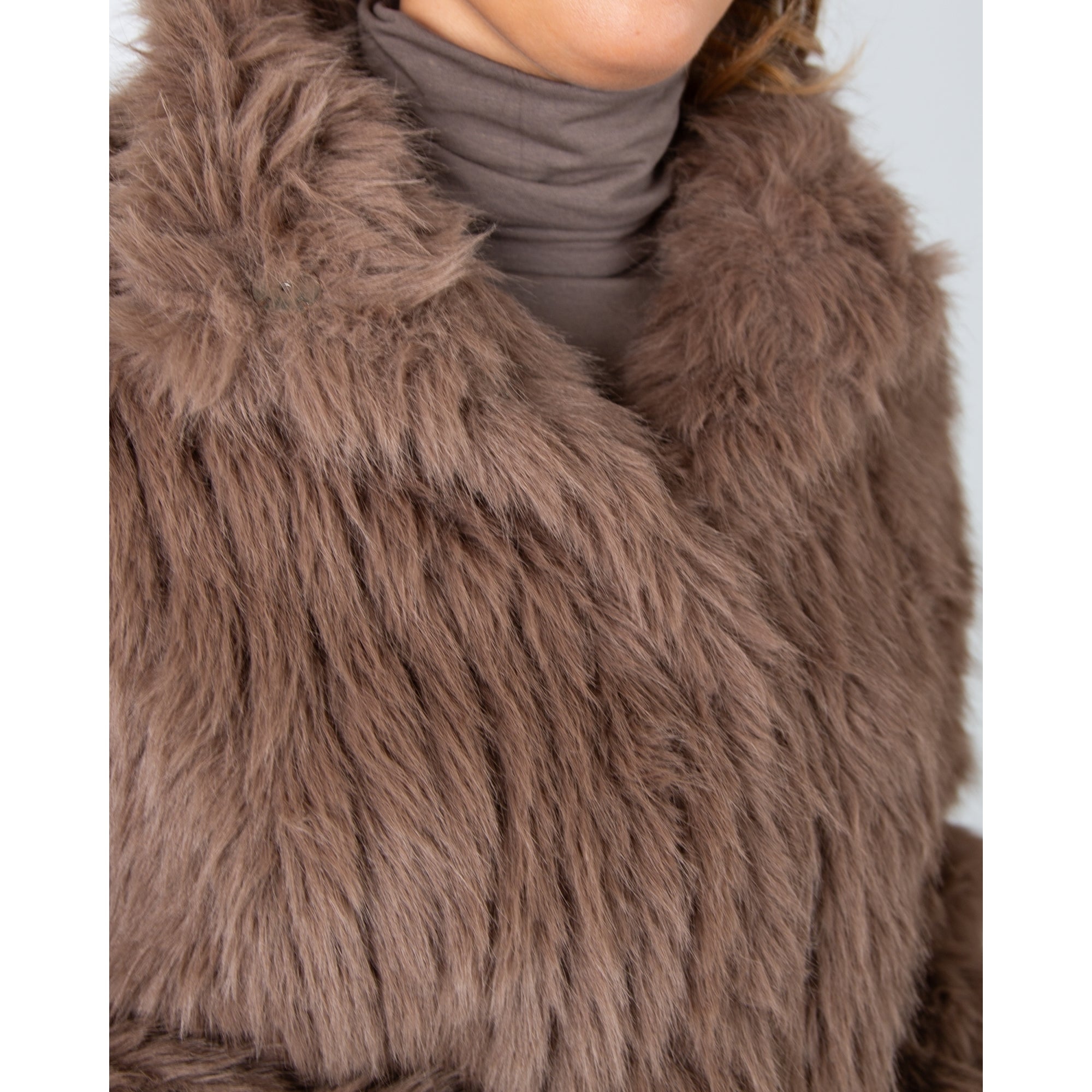 Rino & Pelle Faith Shaggy Ribbed High Collar Faux Fur Jacket Toffee