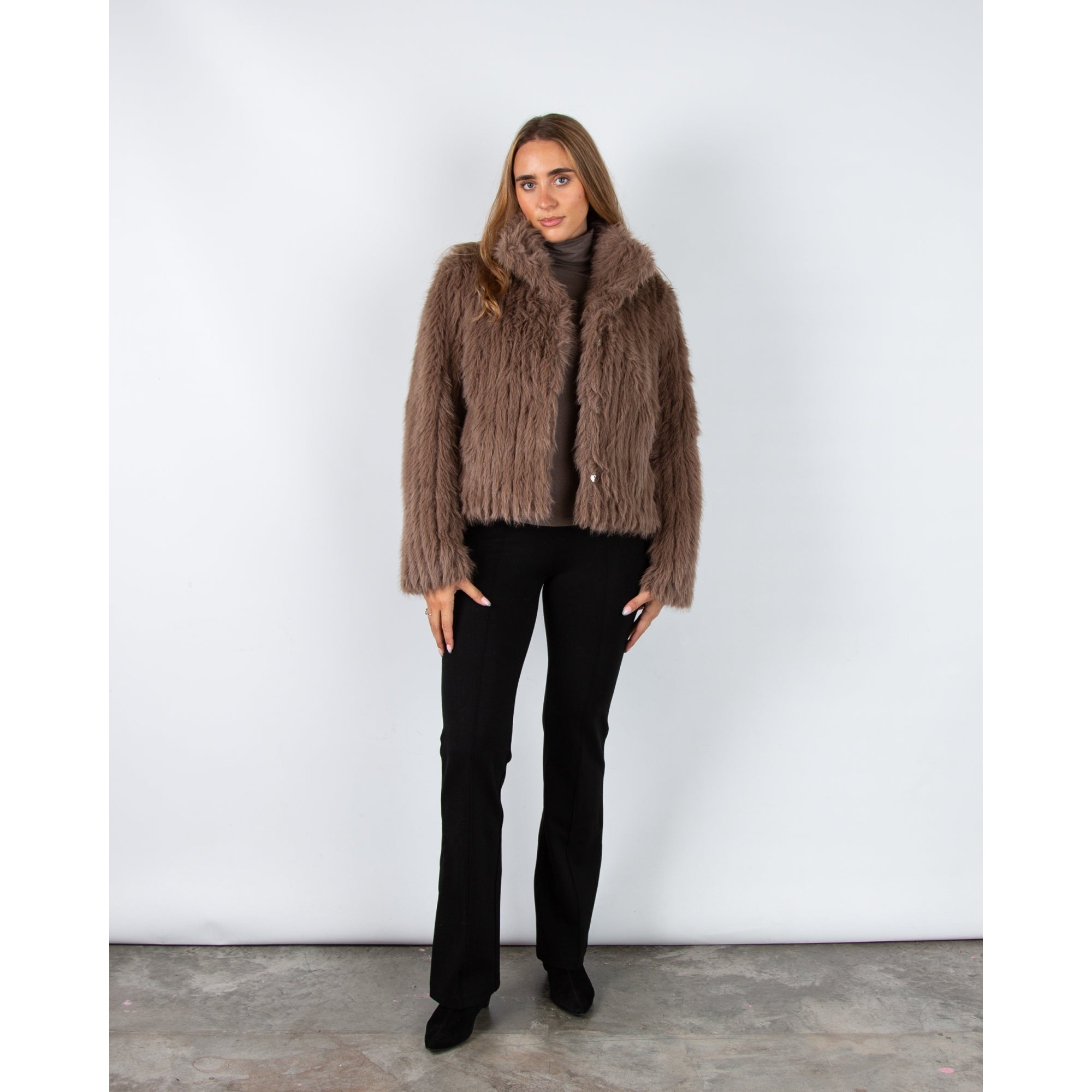 Rino & Pelle Faith Shaggy Ribbed High Collar Faux Fur Jacket Toffee