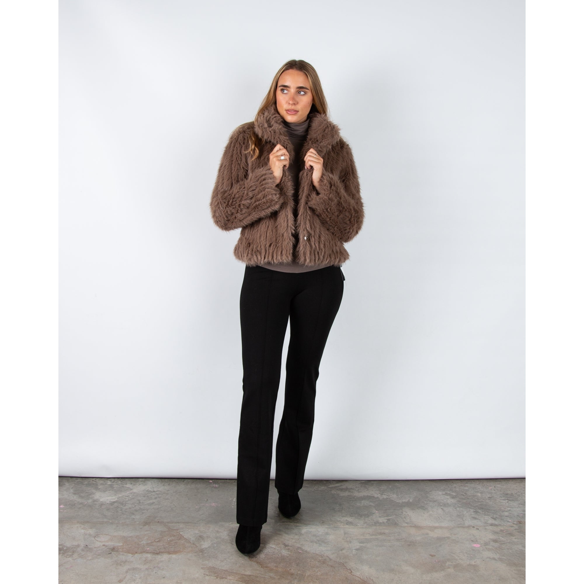 Rino & Pelle Faith Shaggy Ribbed High Collar Faux Fur Jacket Toffee