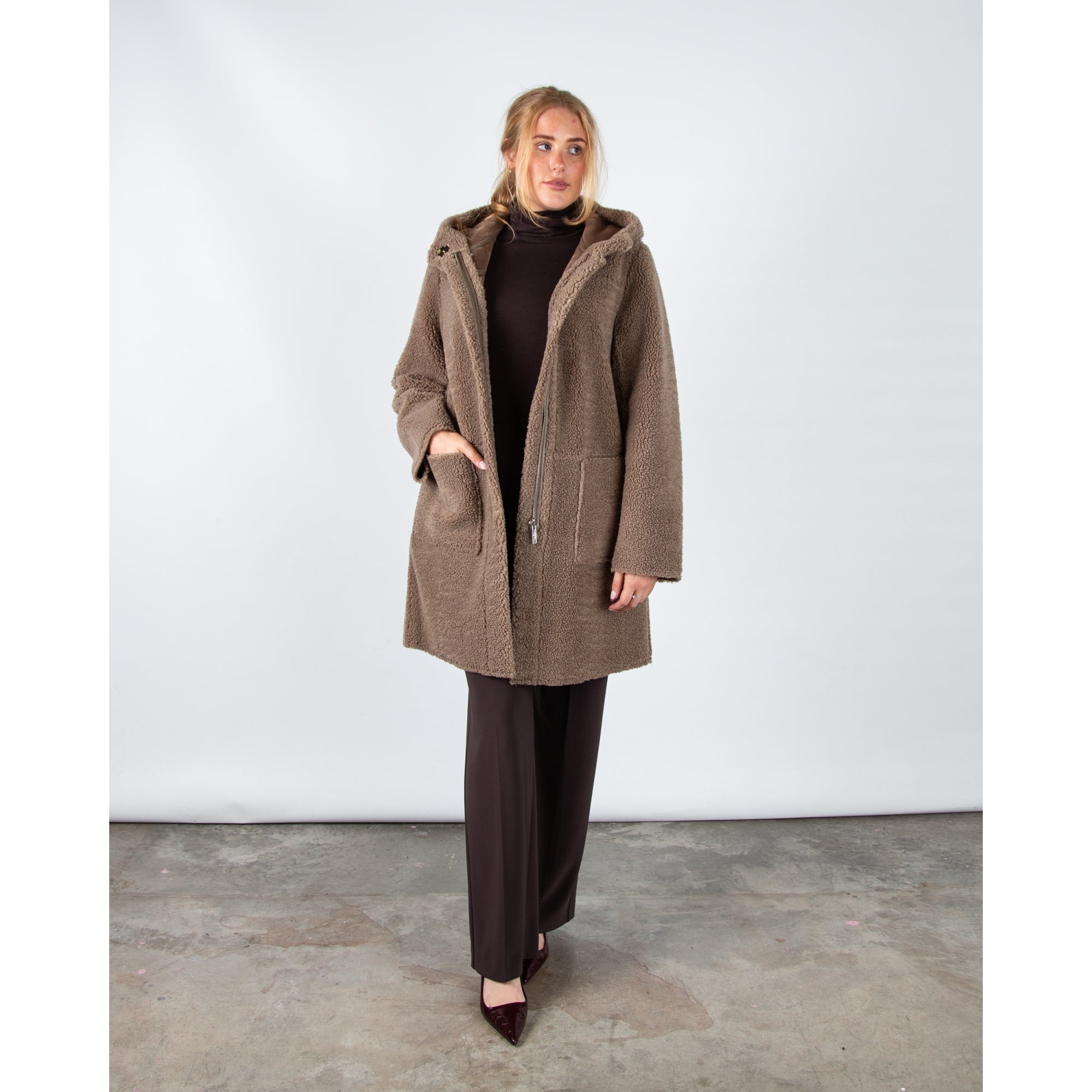 Rino & Pelle Alina Reversible Faux Shearling Coat With Hood Toffee