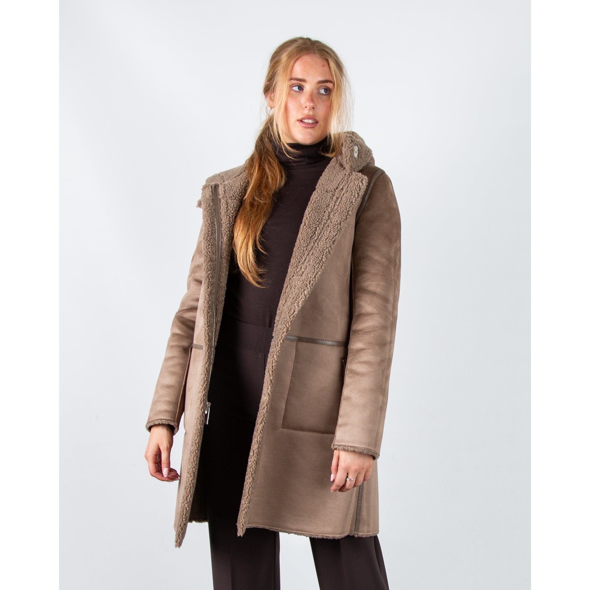 Rino & Pelle Alina Reversible Faux Shearling Coat With Hood Toffee