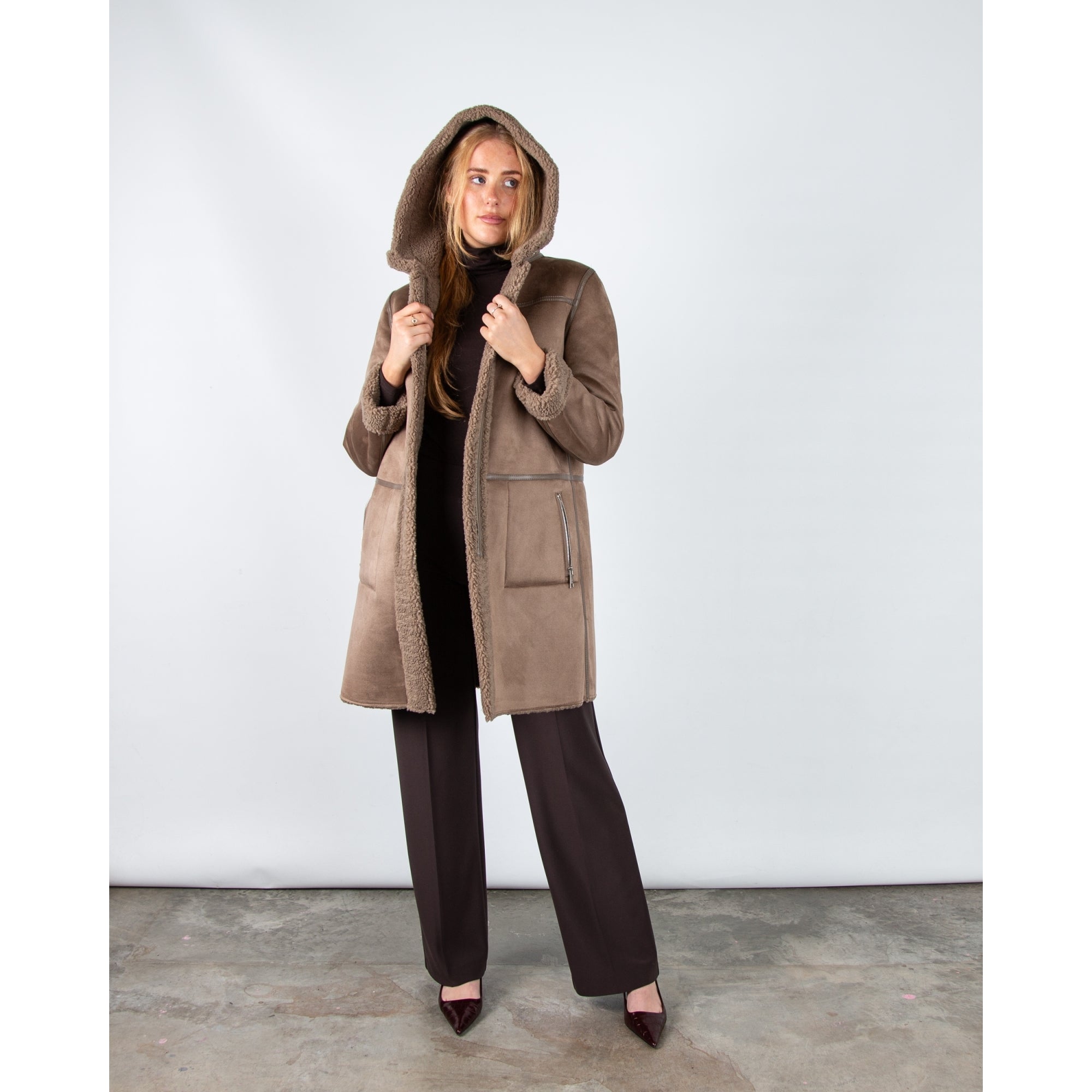 Rino & Pelle Alina Reversible Faux Shearling Coat With Hood Toffee