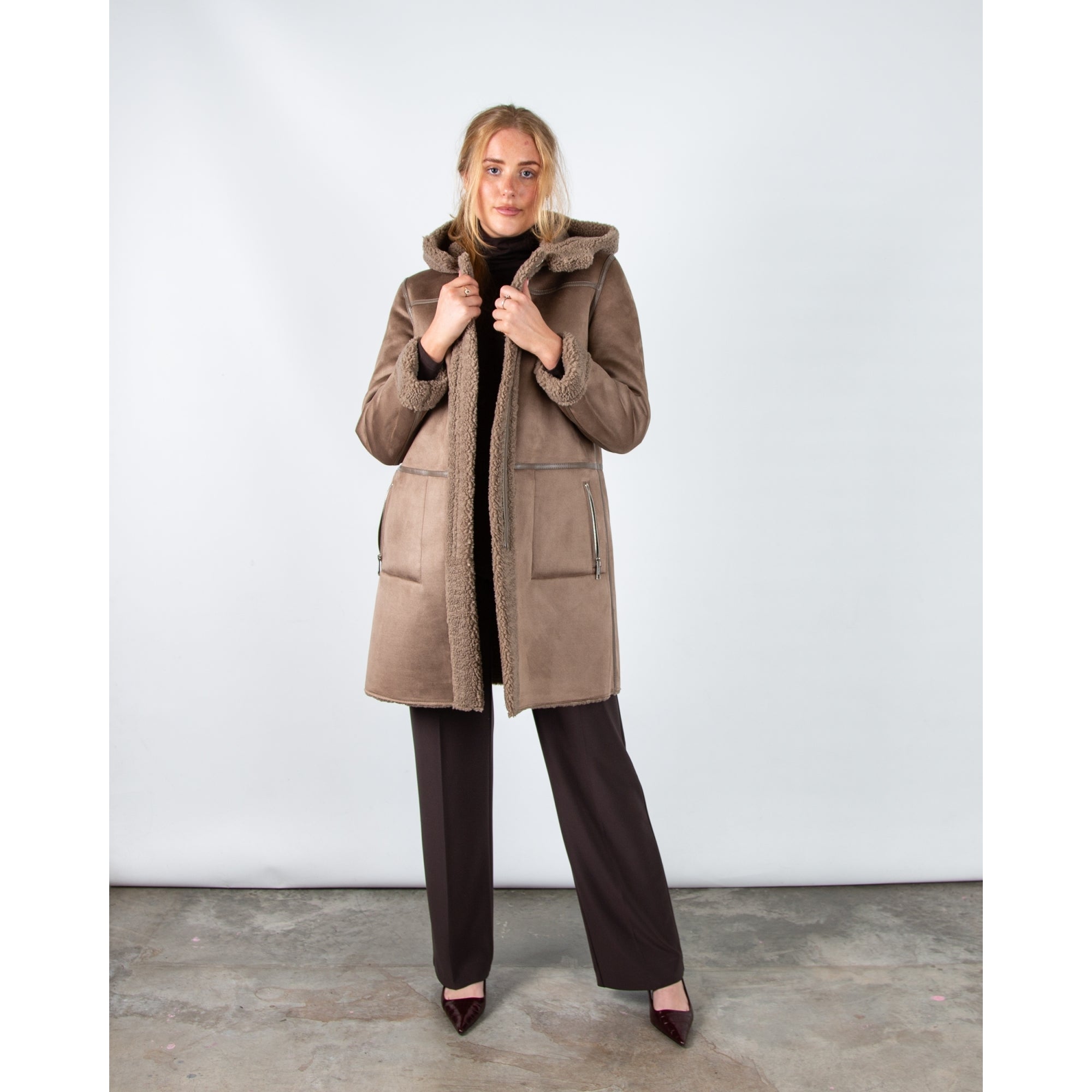 Rino & Pelle Alina Reversible Faux Shearling Coat With Hood Toffee
