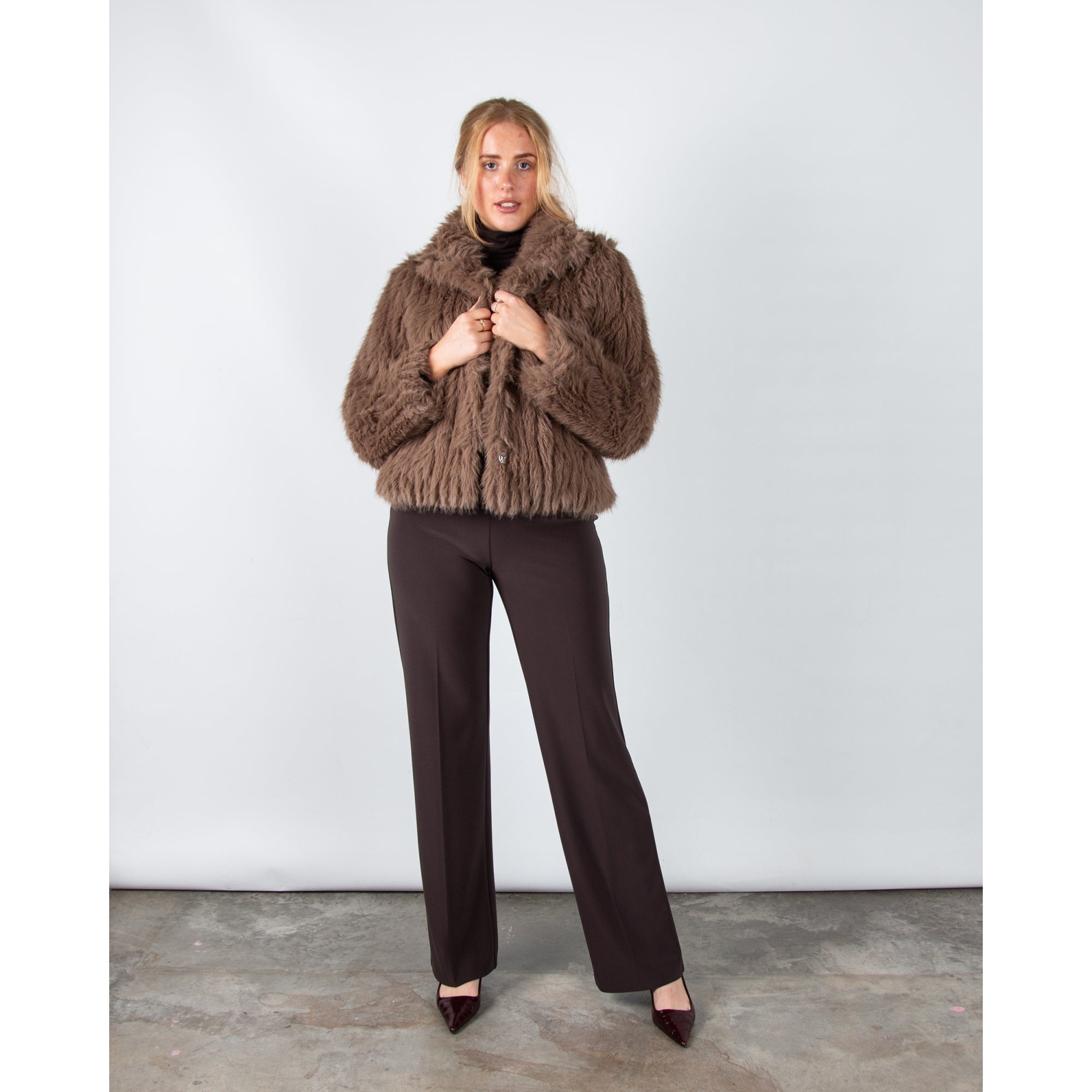 Rino & Pelle Faith Shaggy Ribbed High Collar Faux Fur Jacket Toffee