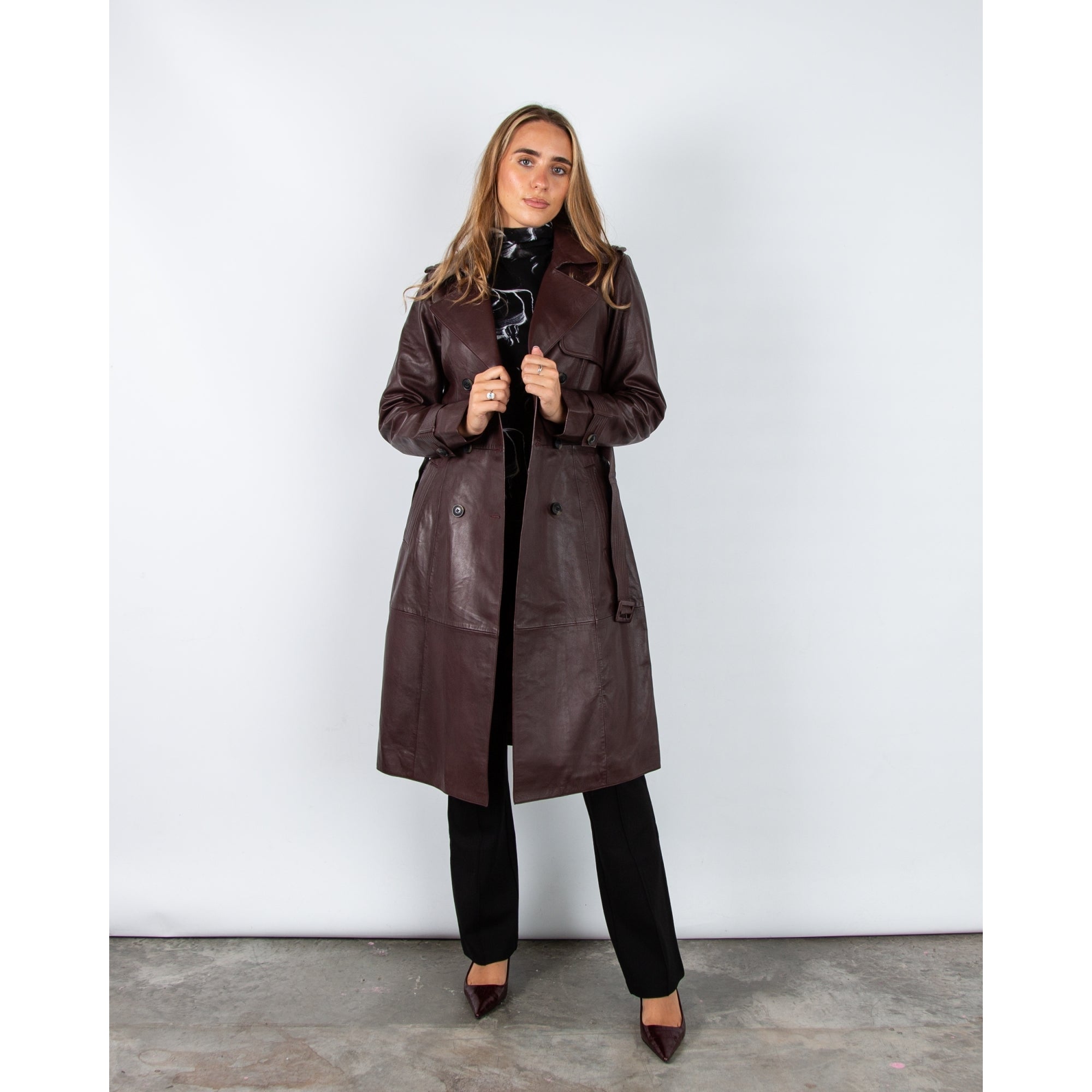 Rino & Pelle Irene Leather Double Breasted Trench Coat Chocolate Bean