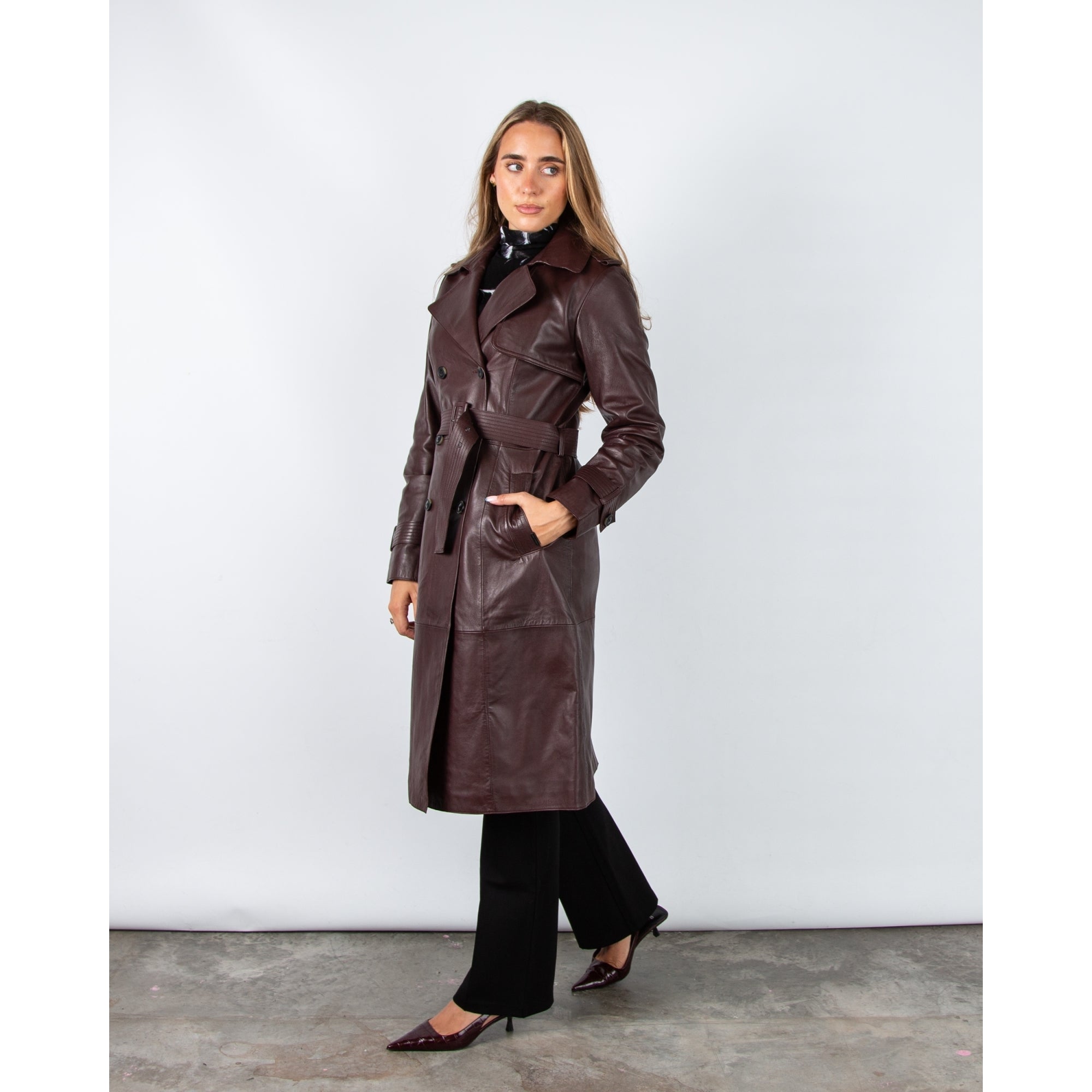 Rino & Pelle Irene Leather Double Breasted Trench Coat Chocolate Bean