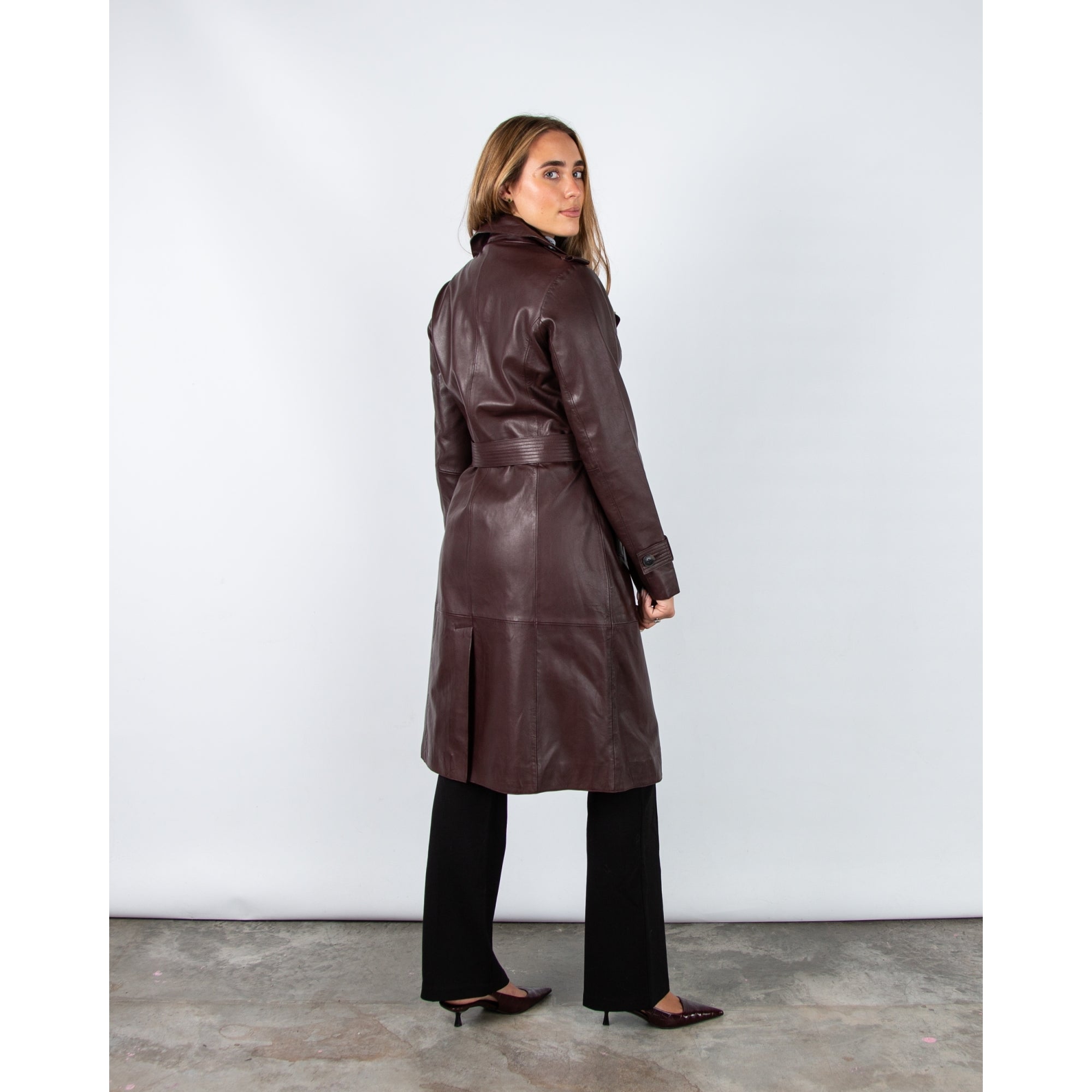 Rino & Pelle Irene Leather Double Breasted Trench Coat Chocolate Bean