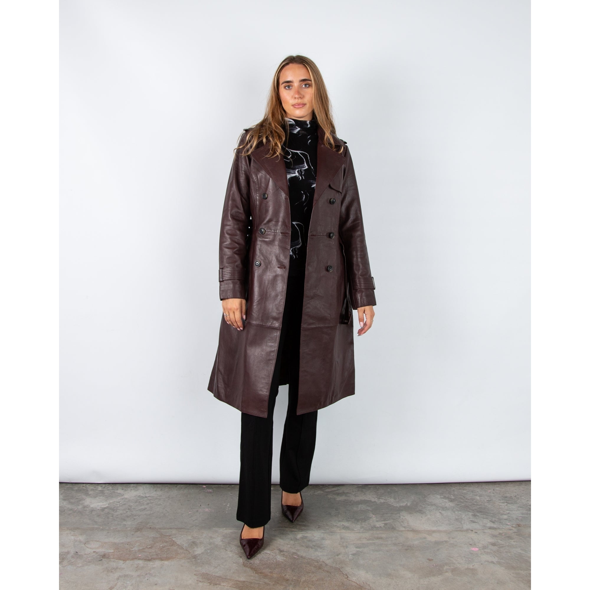 Rino & Pelle Irene Leather Double Breasted Trench Coat Chocolate Bean