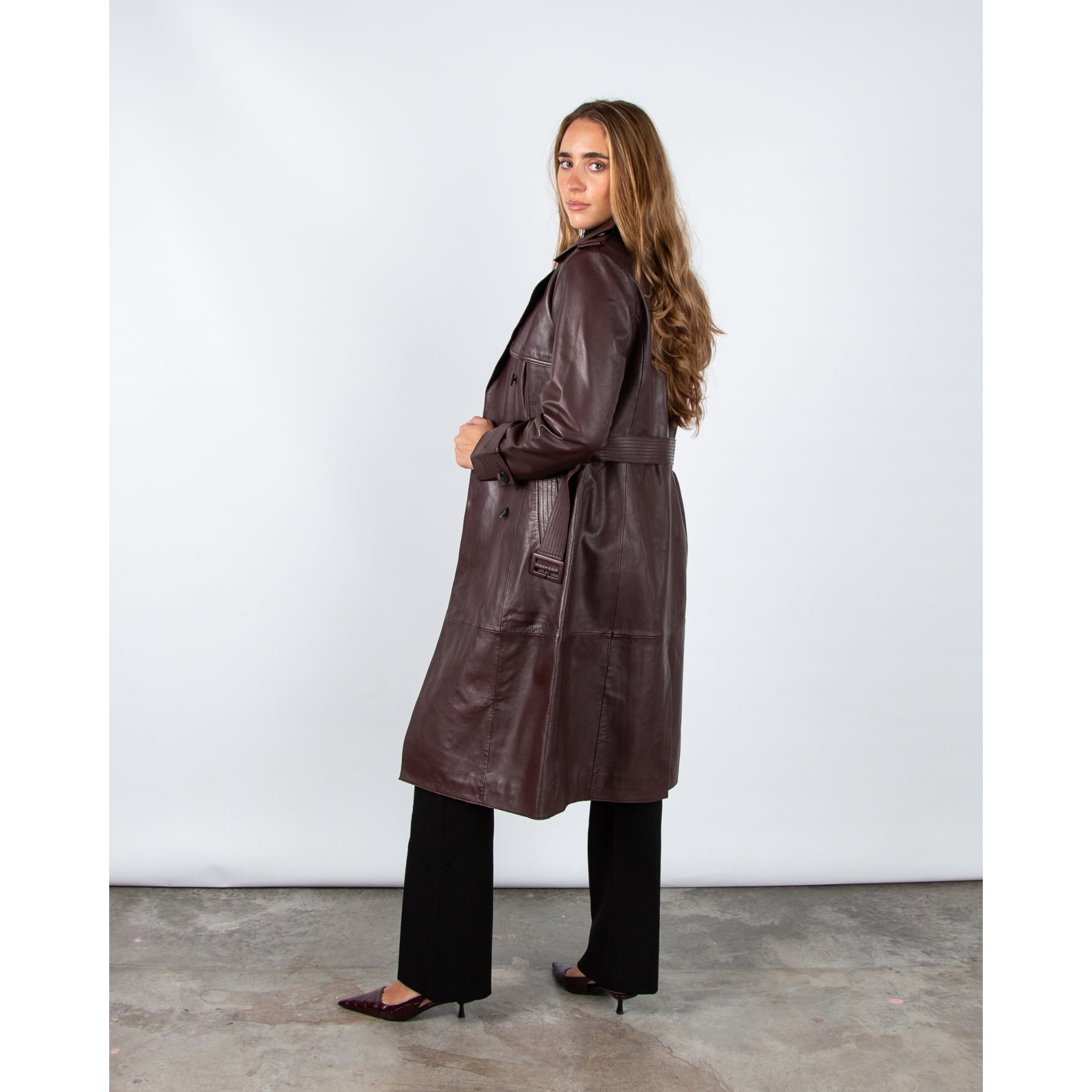 Rino & Pelle Irene Leather Double Breasted Trench Coat Chocolate Bean