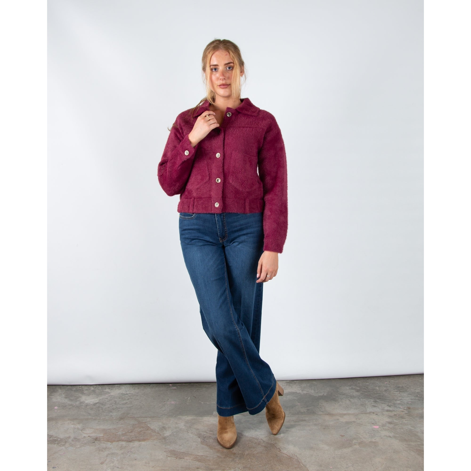 Rino & Pelle Bubbly Button Detail Fluffy Jacket With Collar Sugar Plum