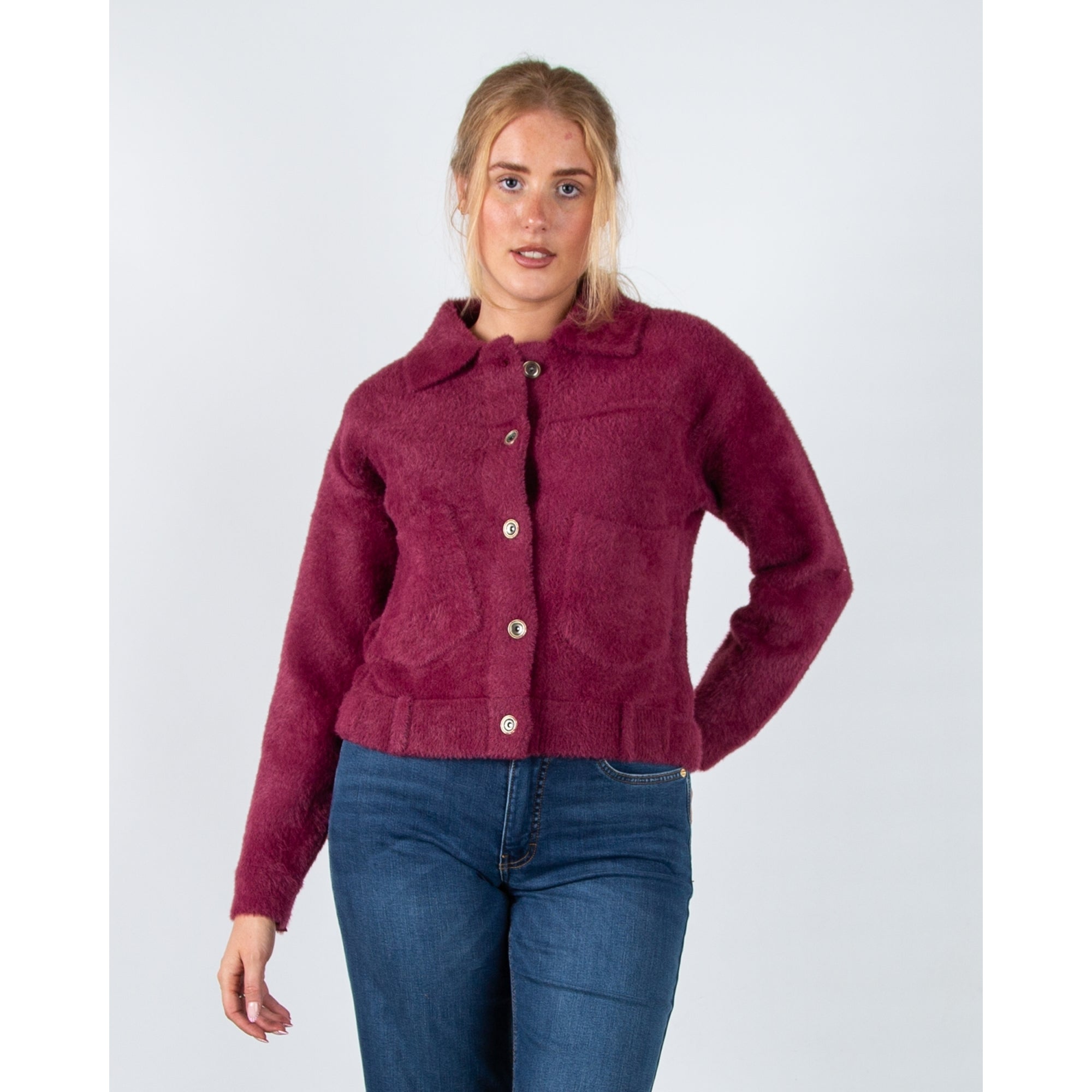 Rino & Pelle Bubbly Button Detail Fluffy Jacket With Collar Sugar Plum