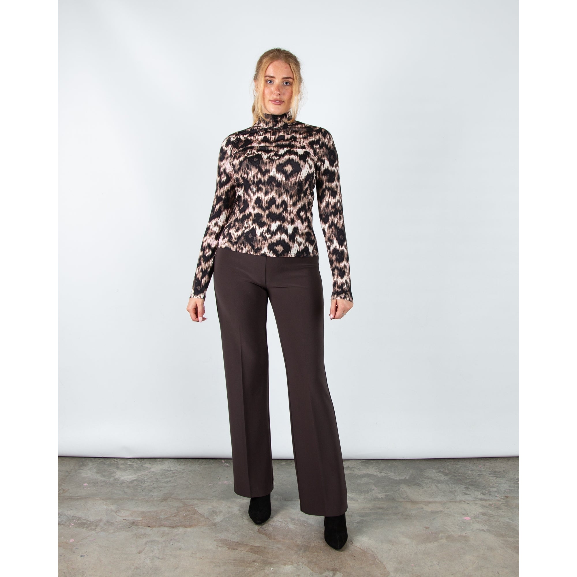 Red Button Rolinde Blurred Leopard Polo Neck Jersey Top Black/brown