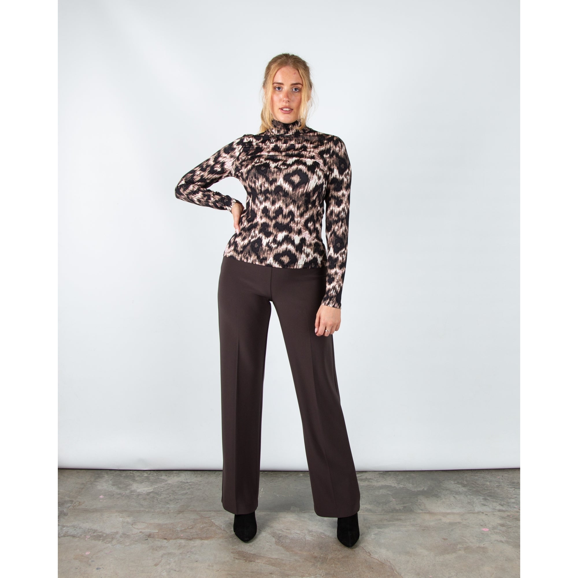 Red Button Rolinde Blurred Leopard Polo Neck Jersey Top Black/brown