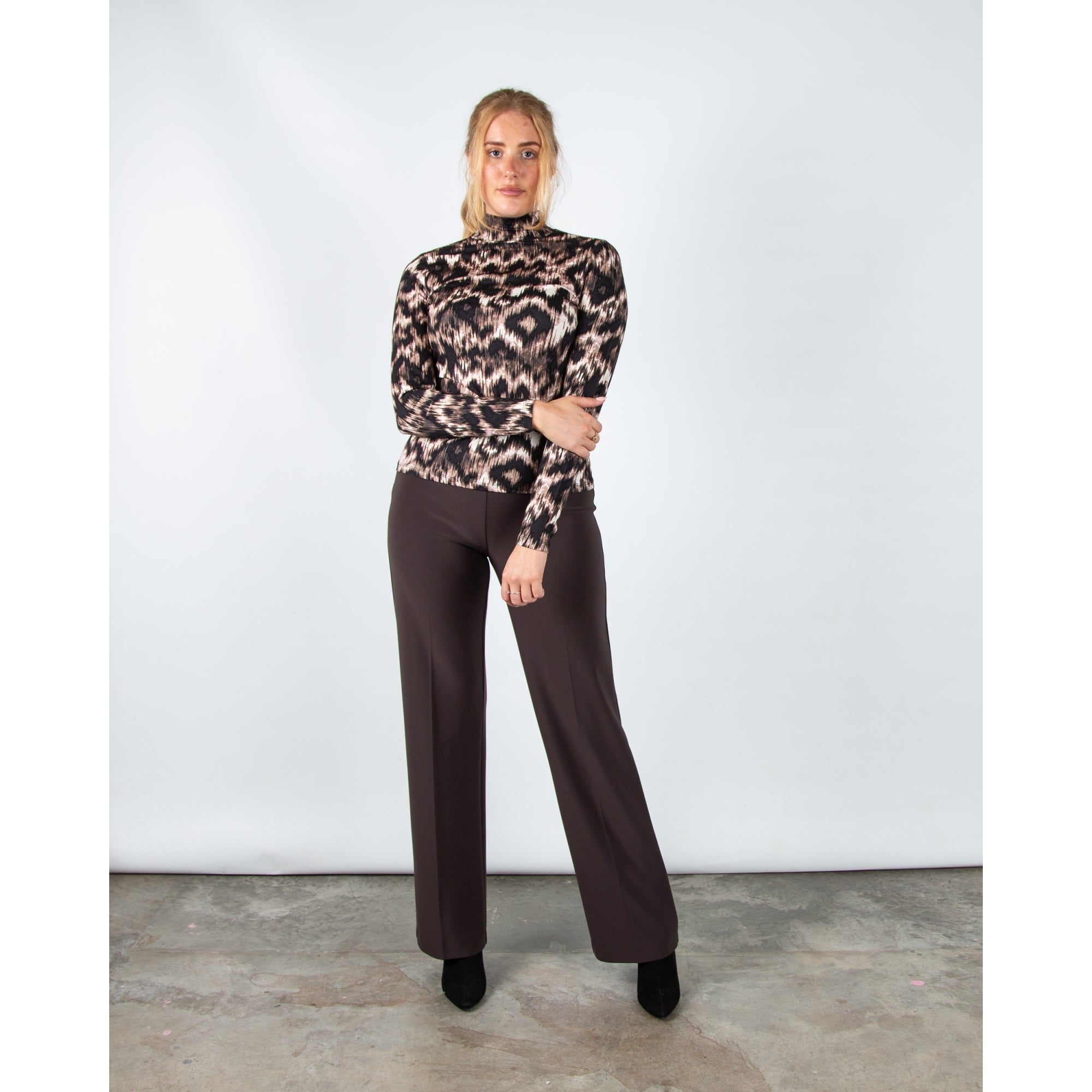 Red Button Rolinde Blurred Leopard Polo Neck Jersey Top Black/brown