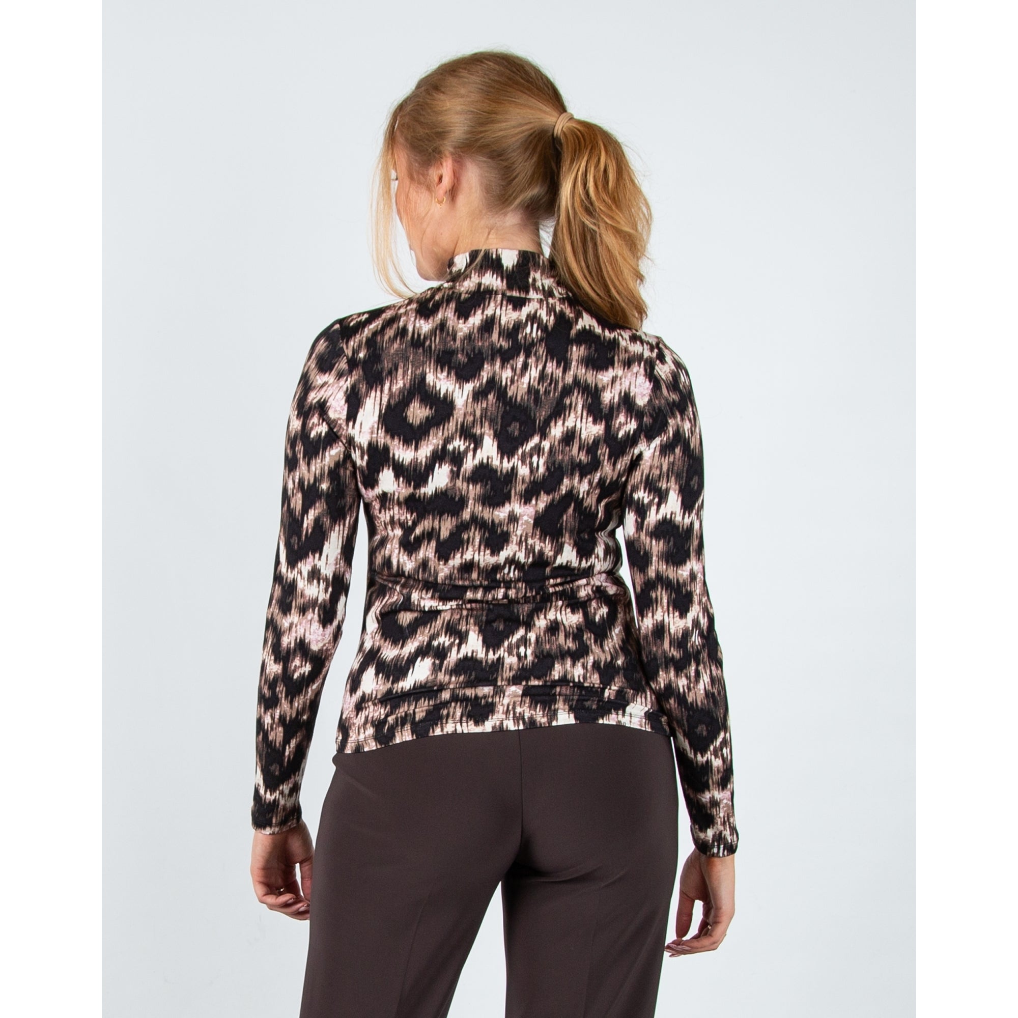 Red Button Rolinde Blurred Leopard Polo Neck Jersey Top Black/brown