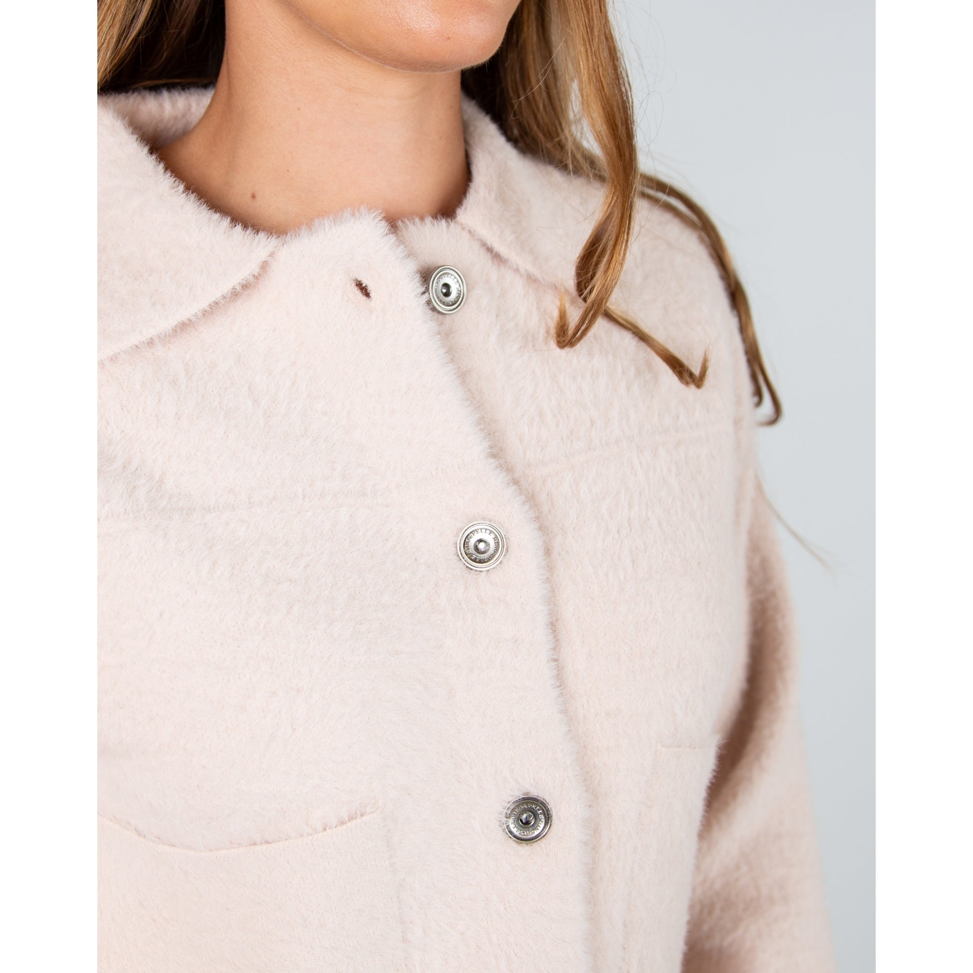 Rino & Pelle Bubbly Button Detail Fluffy Jacket With Collar Pale Pink
