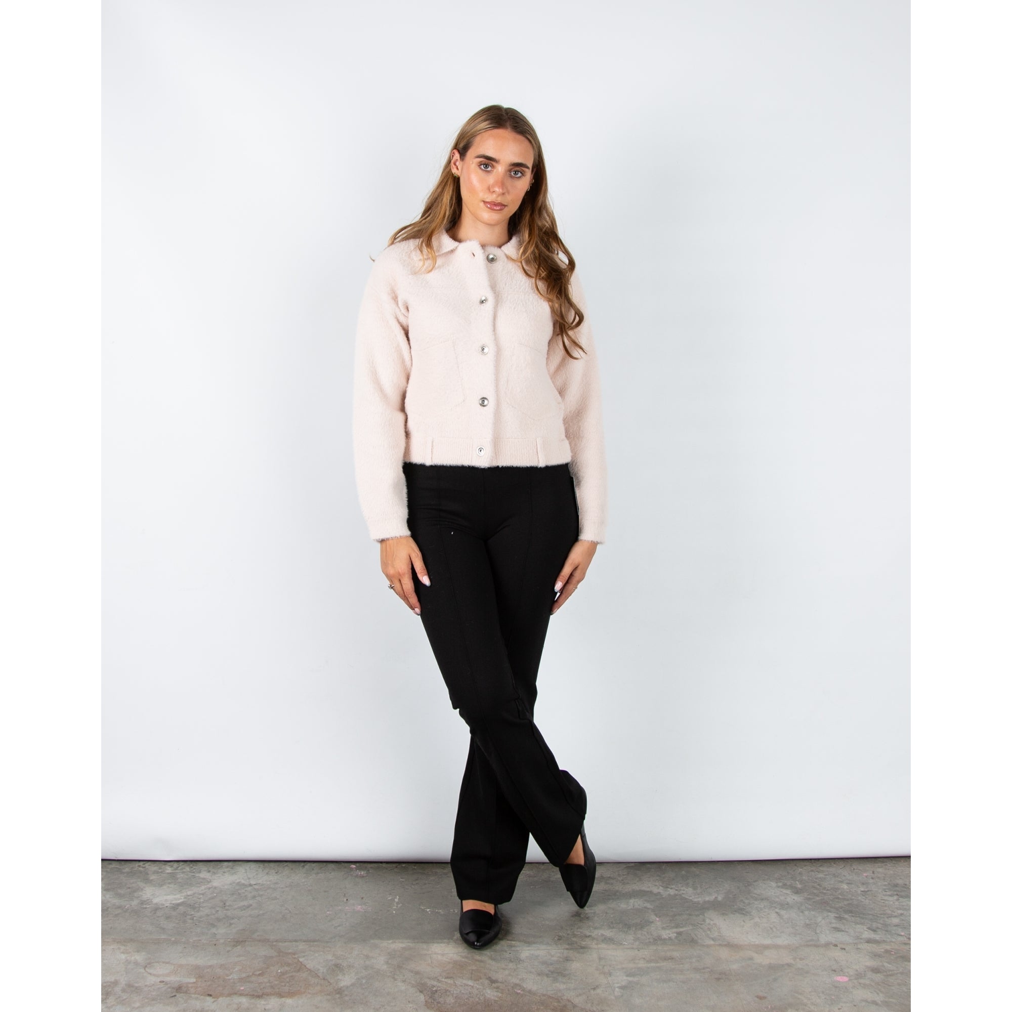 Rino & Pelle Bubbly Button Detail Fluffy Jacket With Collar Pale Pink