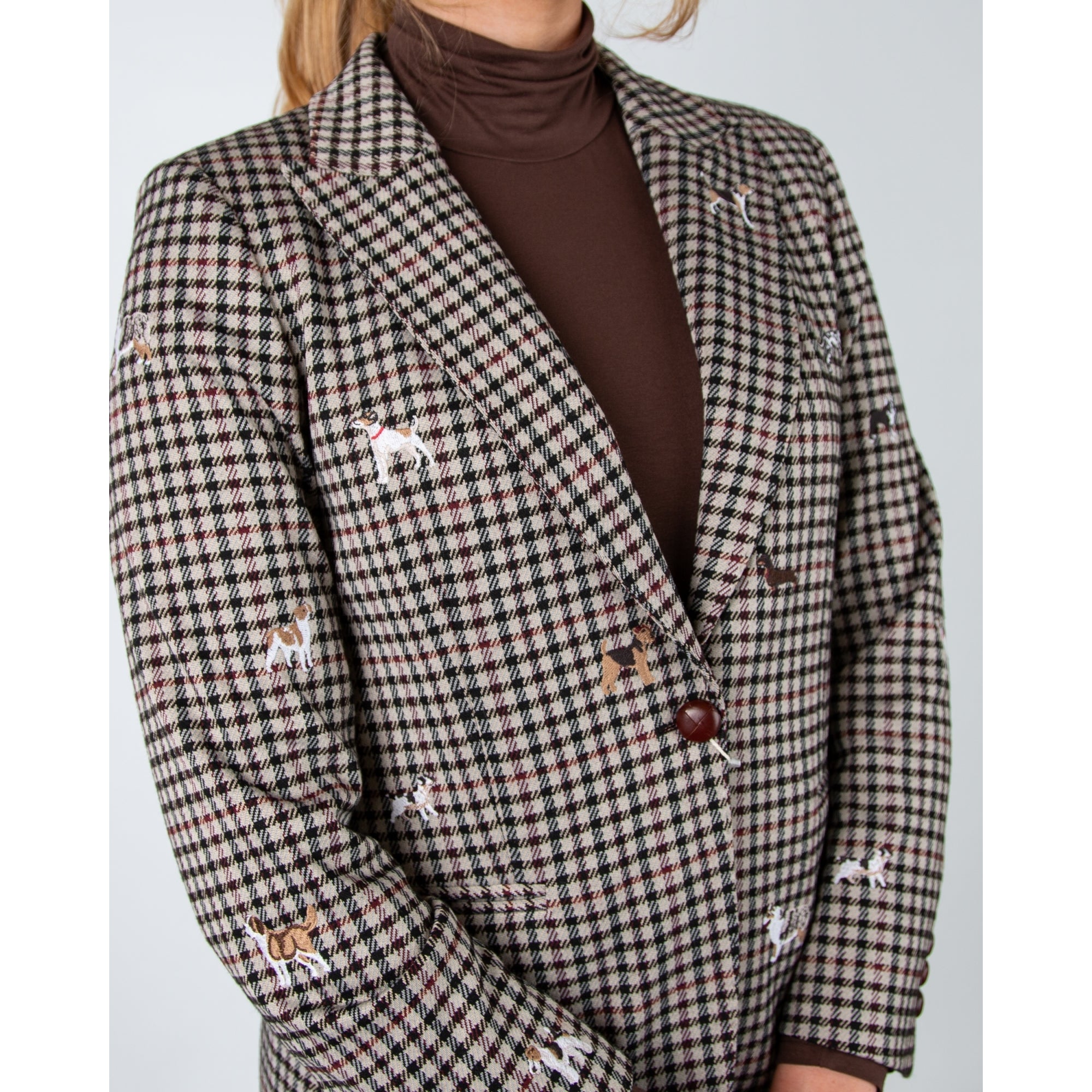 Vilagallo Heather Houndstooth Blazer With Embroidered Dogs Green/ecru