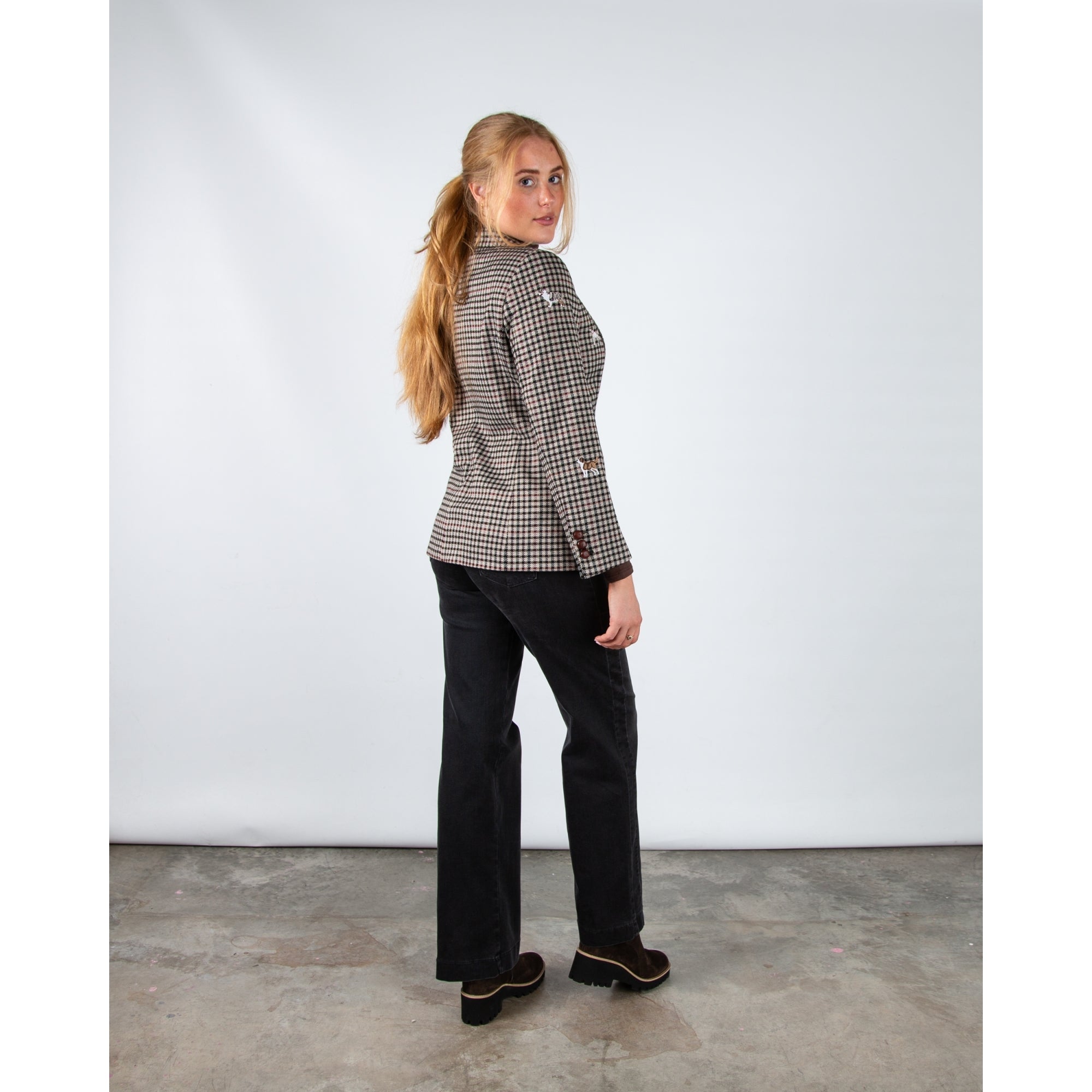 Vilagallo Heather Houndstooth Blazer With Embroidered Dogs Green/ecru