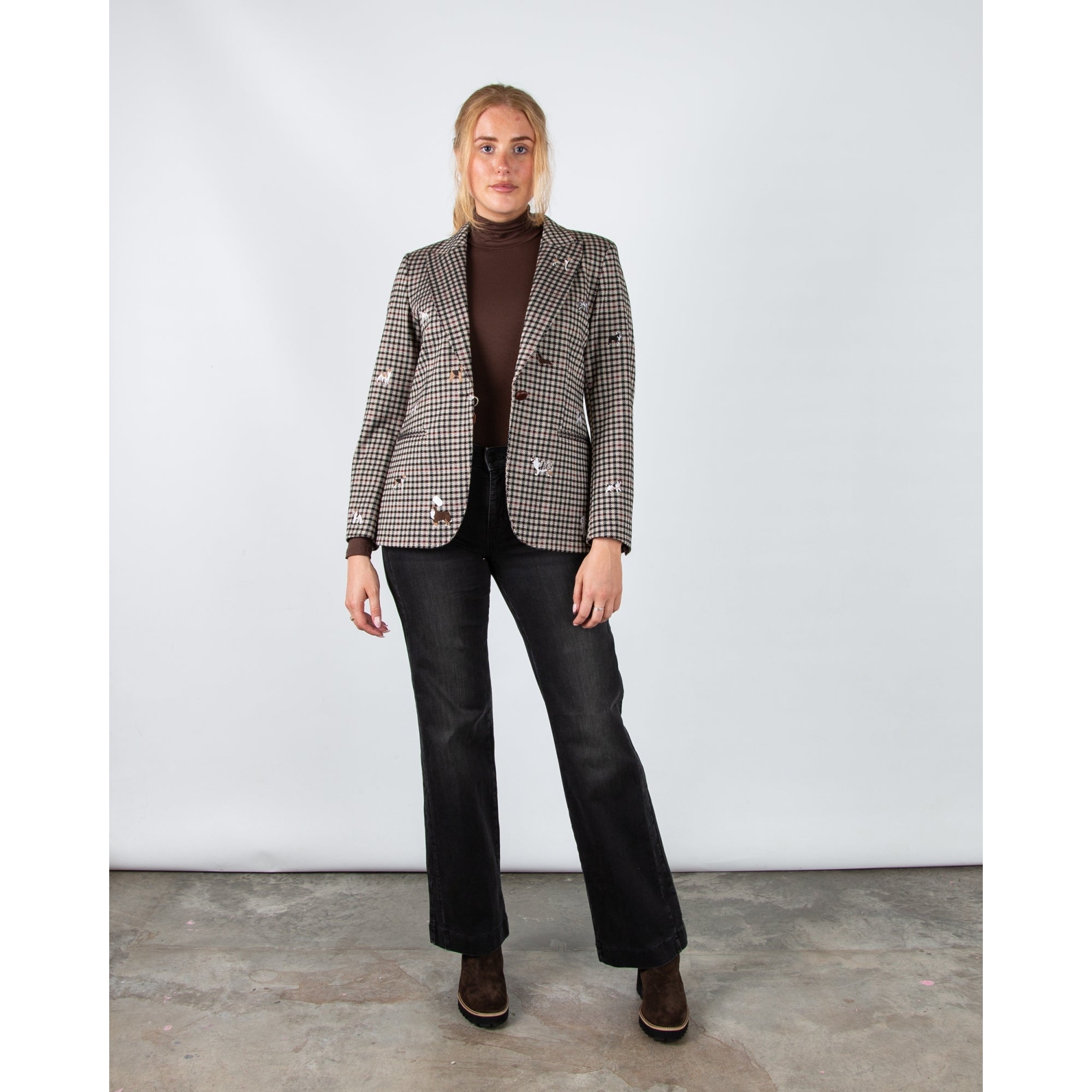 Vilagallo Heather Houndstooth Blazer With Embroidered Dogs Green/ecru