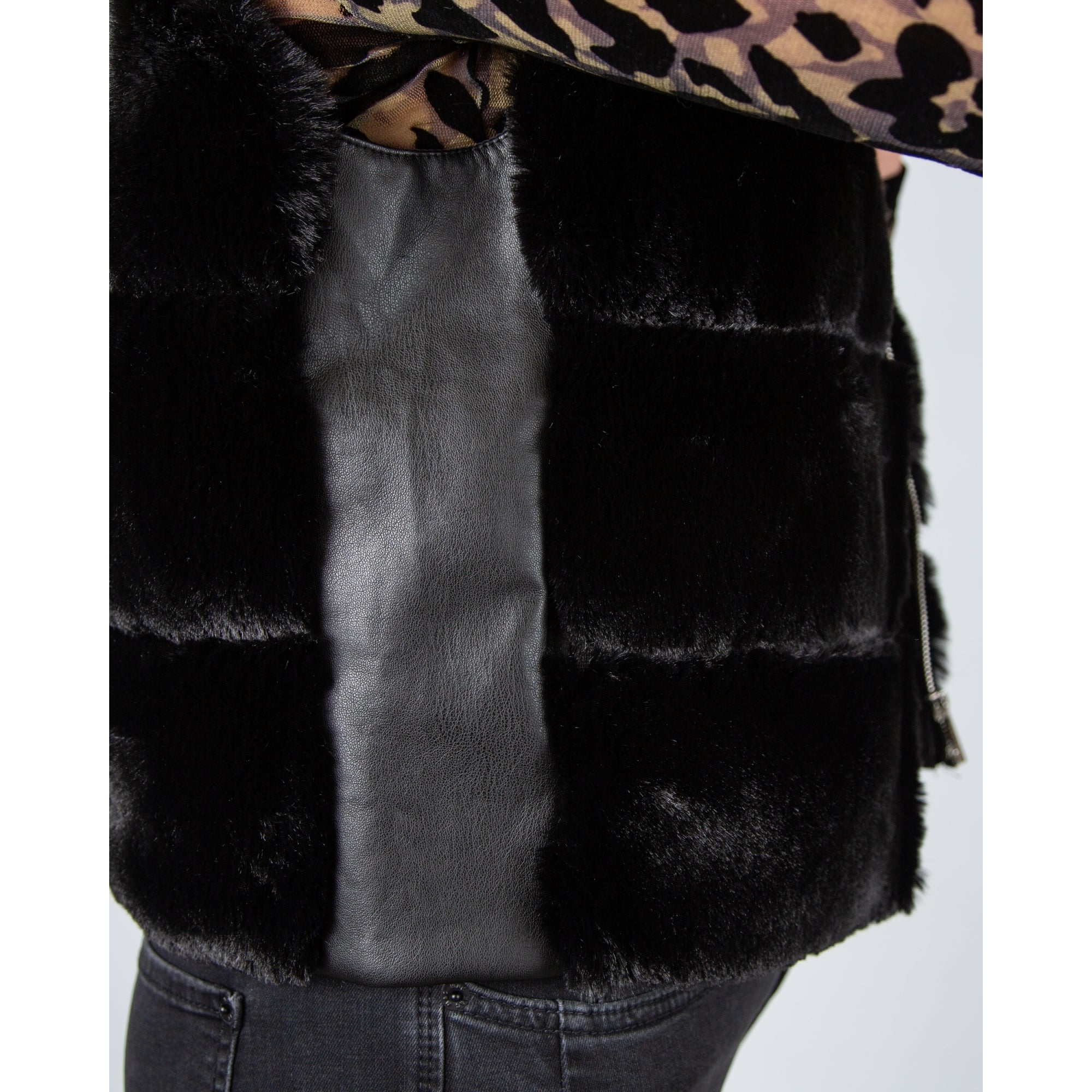 Rino & Pelle May Wide Panel Faux Fur Gilet With Pleather Trim Black