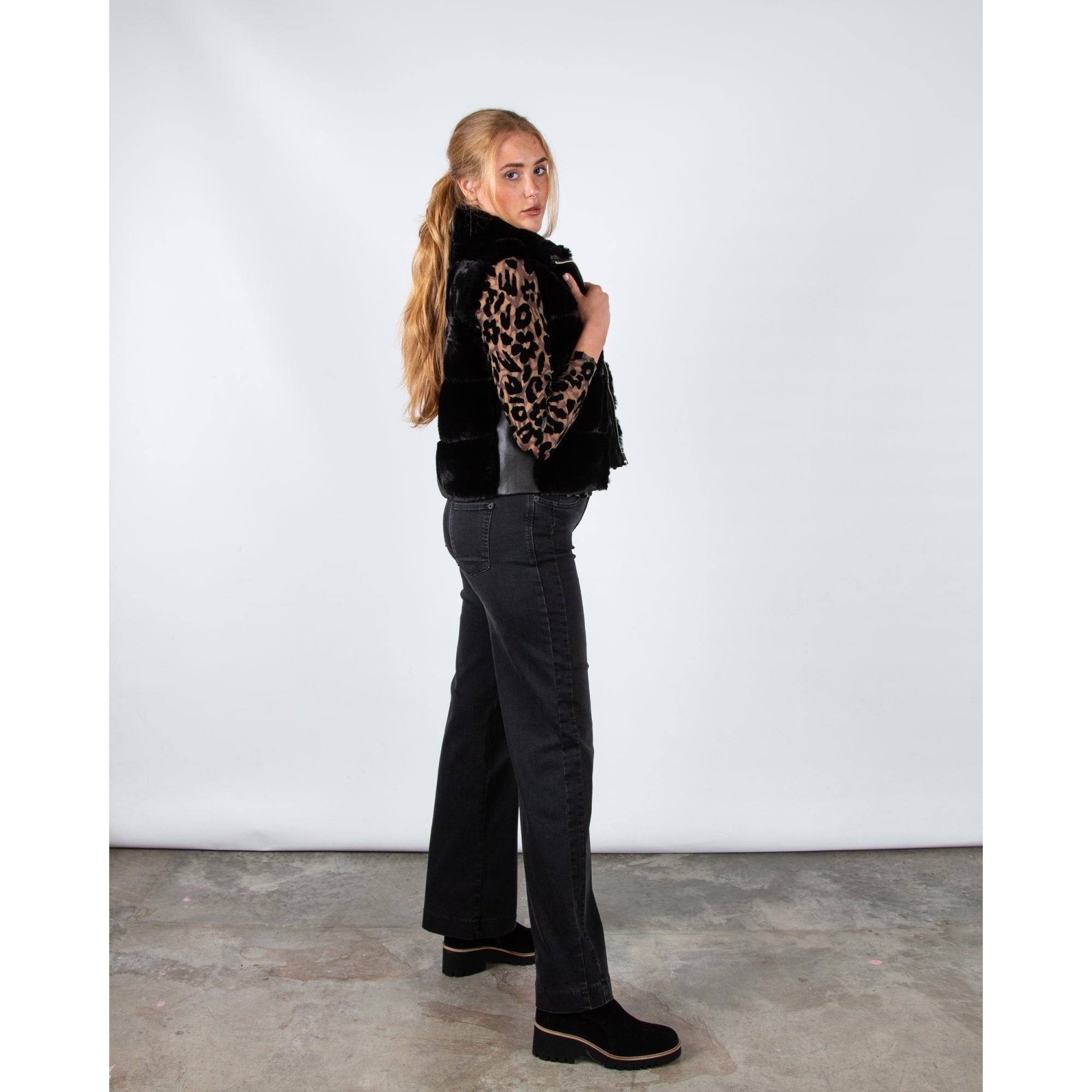 Rino & Pelle May Wide Panel Faux Fur Gilet With Pleather Trim Black