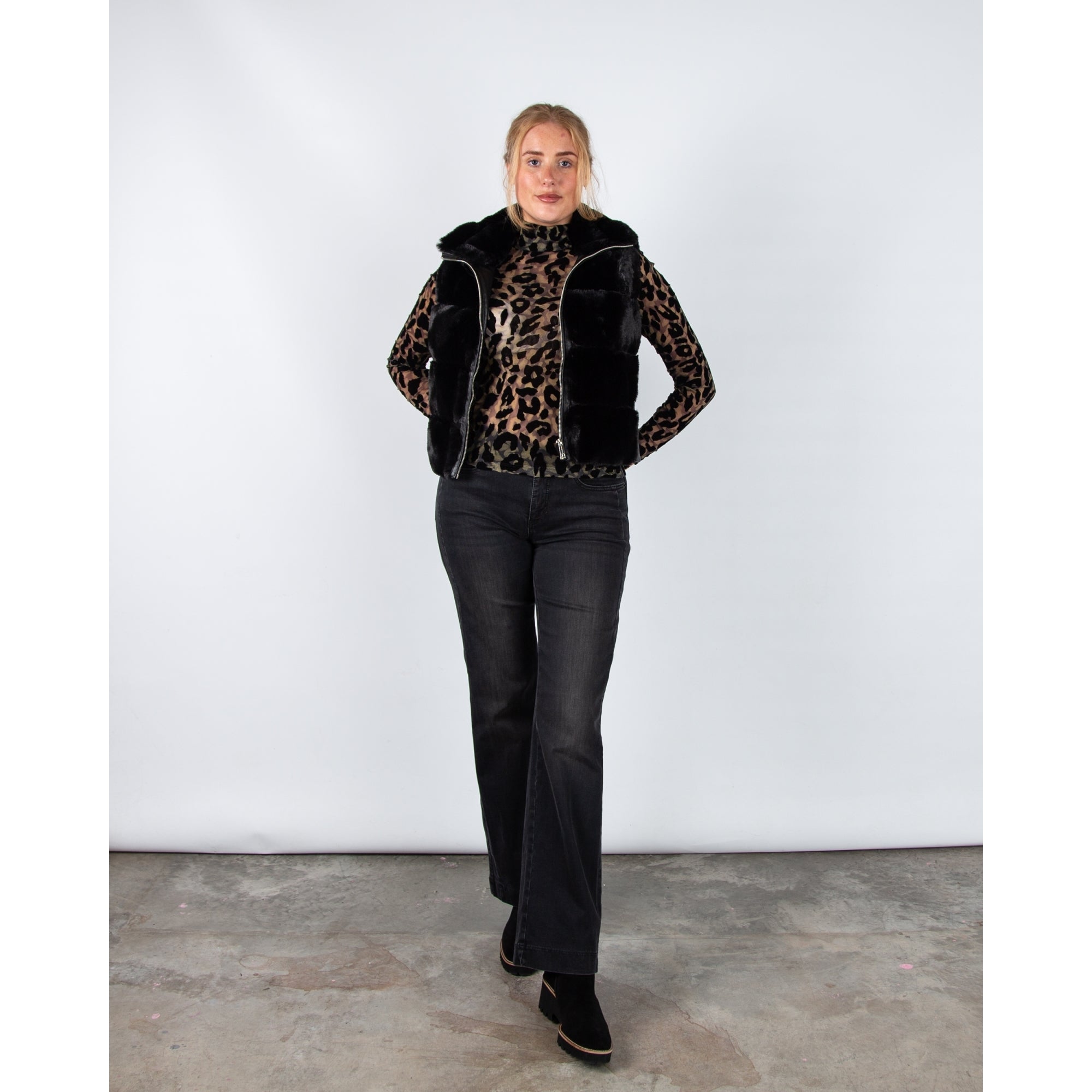 Rino & Pelle May Wide Panel Faux Fur Gilet With Pleather Trim Black