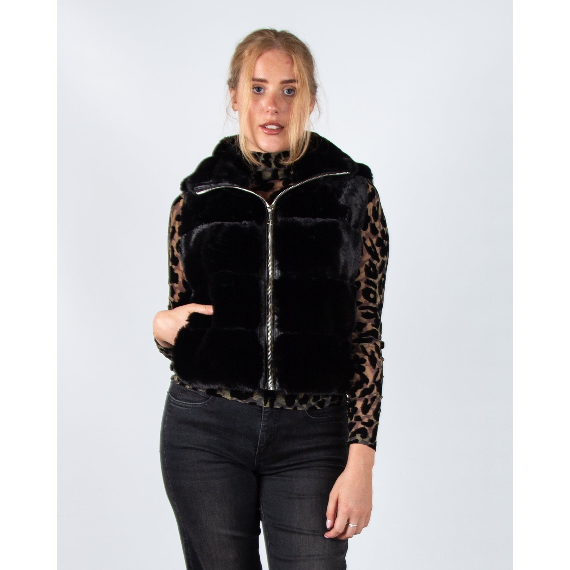 Rino & Pelle May Wide Panel Faux Fur Gilet With Pleather Trim Black