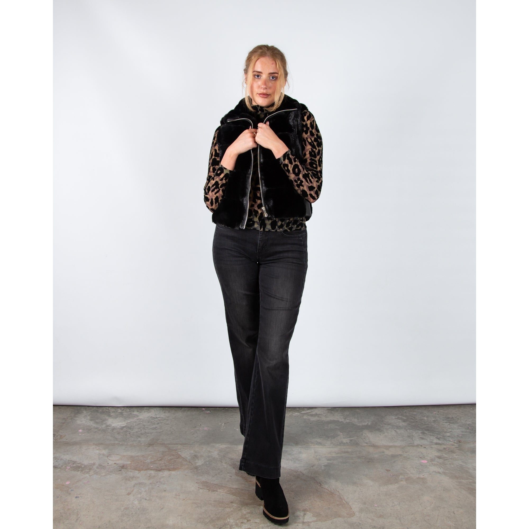 Rino & Pelle May Wide Panel Faux Fur Gilet With Pleather Trim Black