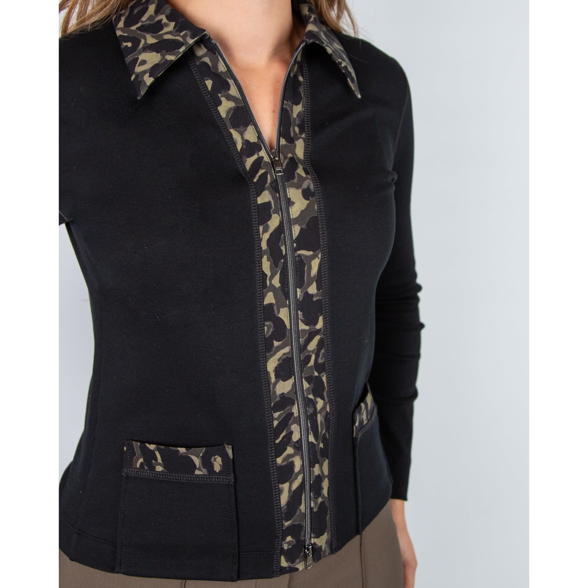 Marc Cain Leo Hike Leopard Trim Jersey Cotton Jacket Black/Khaki