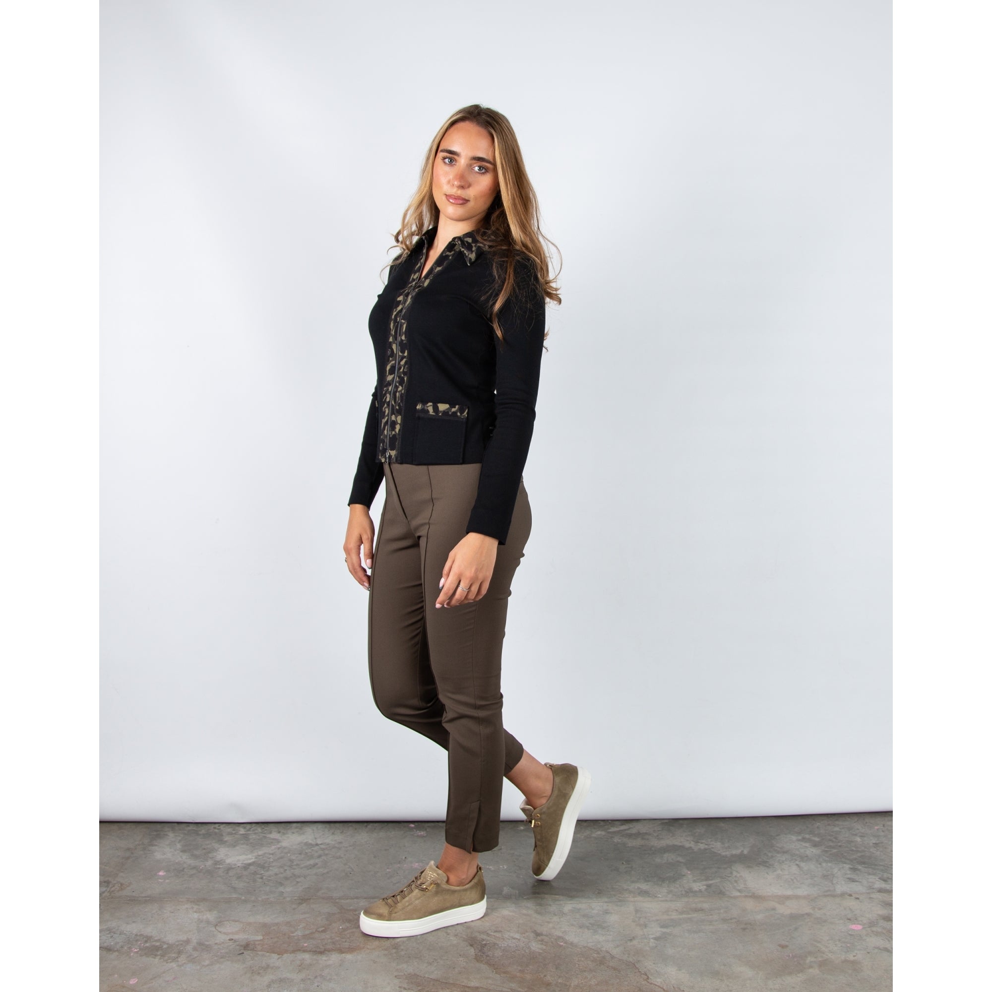 Marc Cain Leo Hike Leopard Trim Jersey Cotton Jacket Black/Khaki