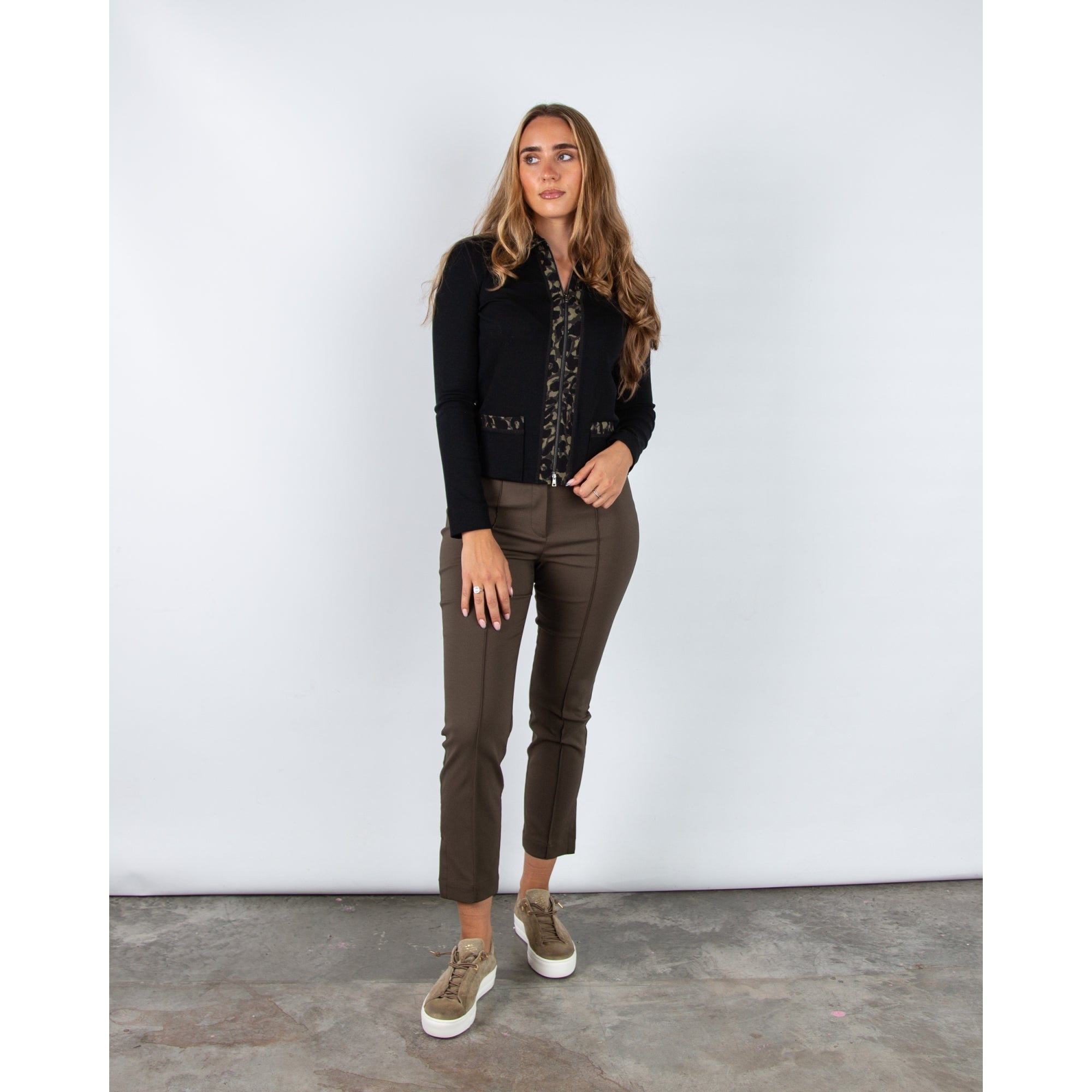 Marc Cain Leo Hike Leopard Trim Jersey Cotton Jacket Black/Khaki