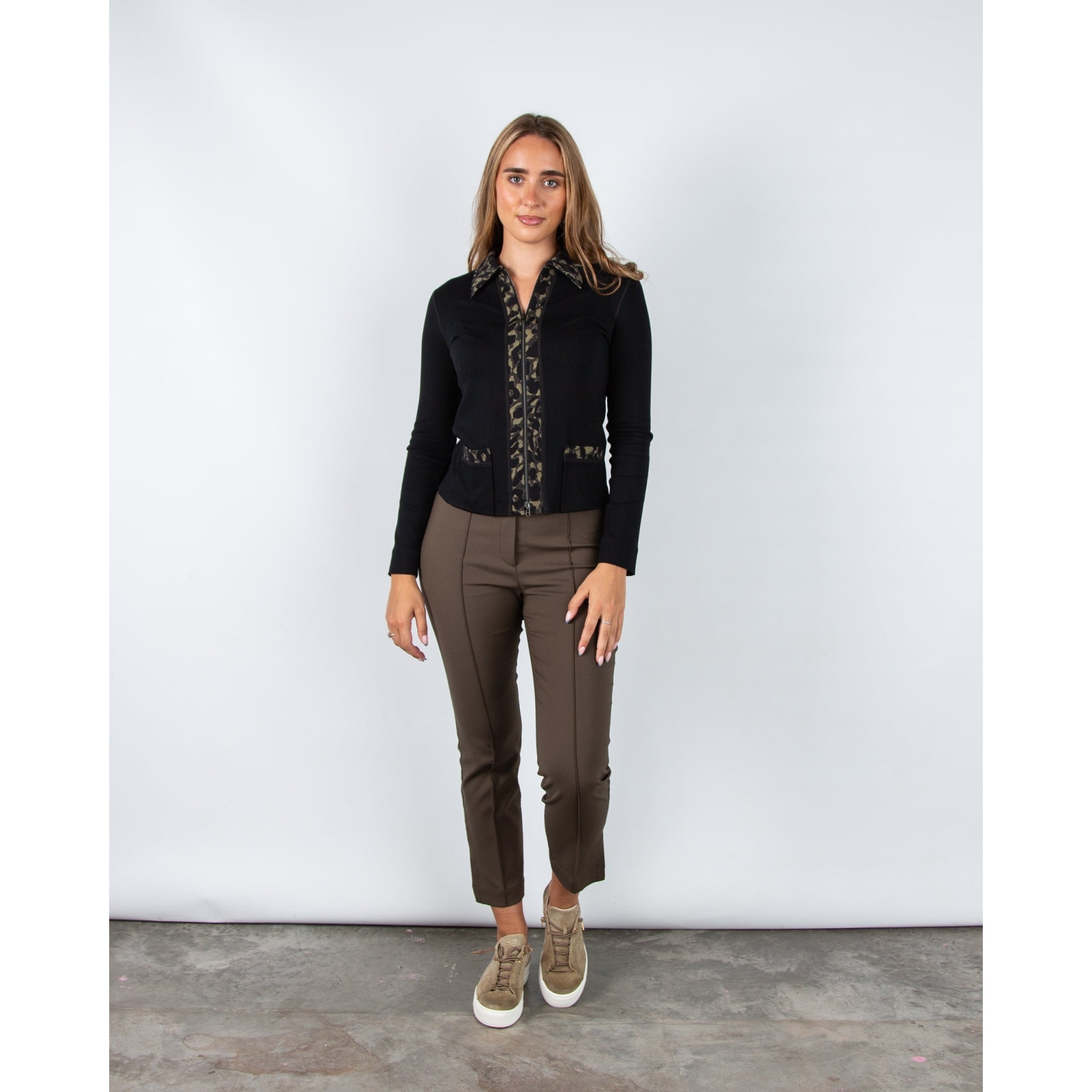 Marc Cain Leo Hike Leopard Trim Jersey Cotton Jacket Black/Khaki