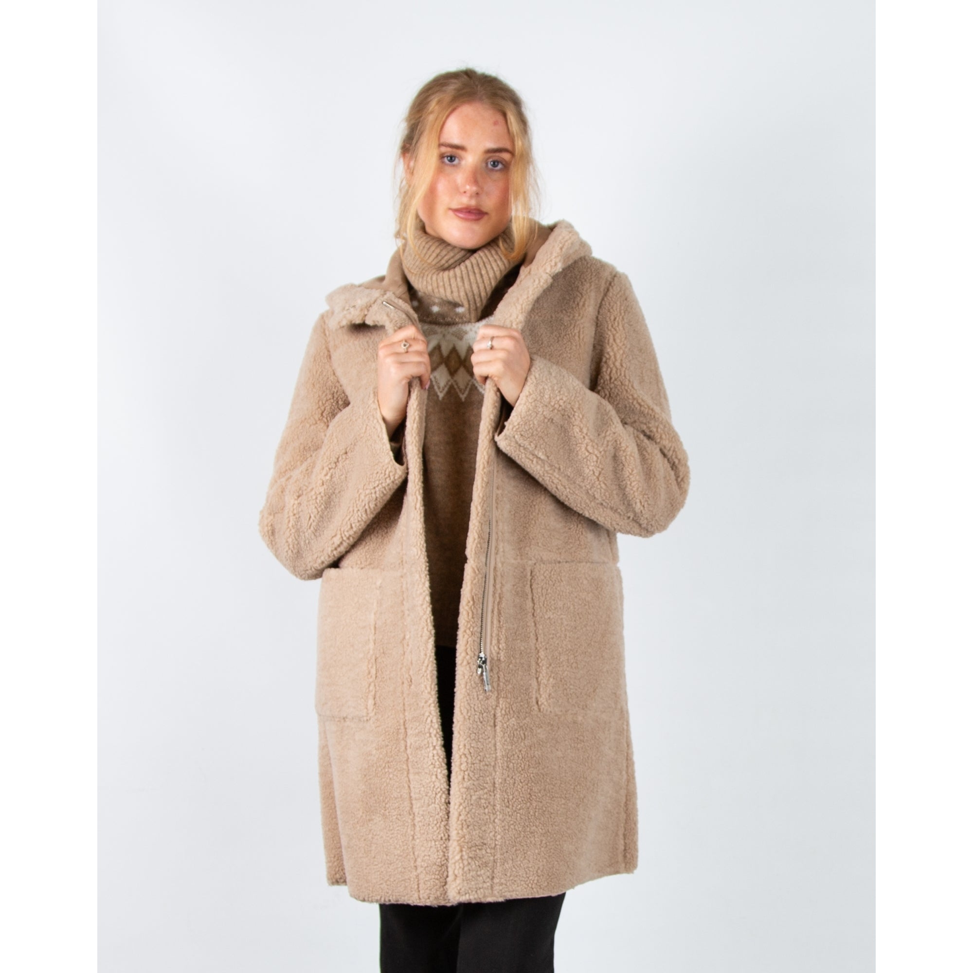 Rino & Pelle Alina Reversible Faux Shearling Coat With Hood Oat