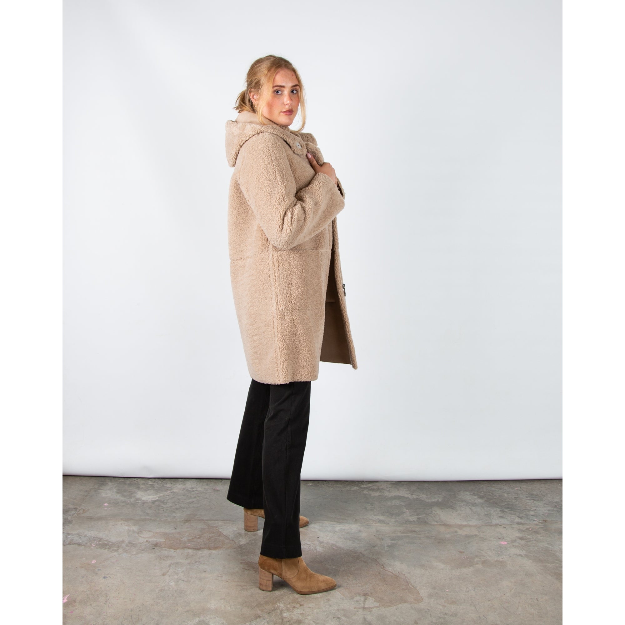 Rino & Pelle Alina Reversible Faux Shearling Coat With Hood Oat