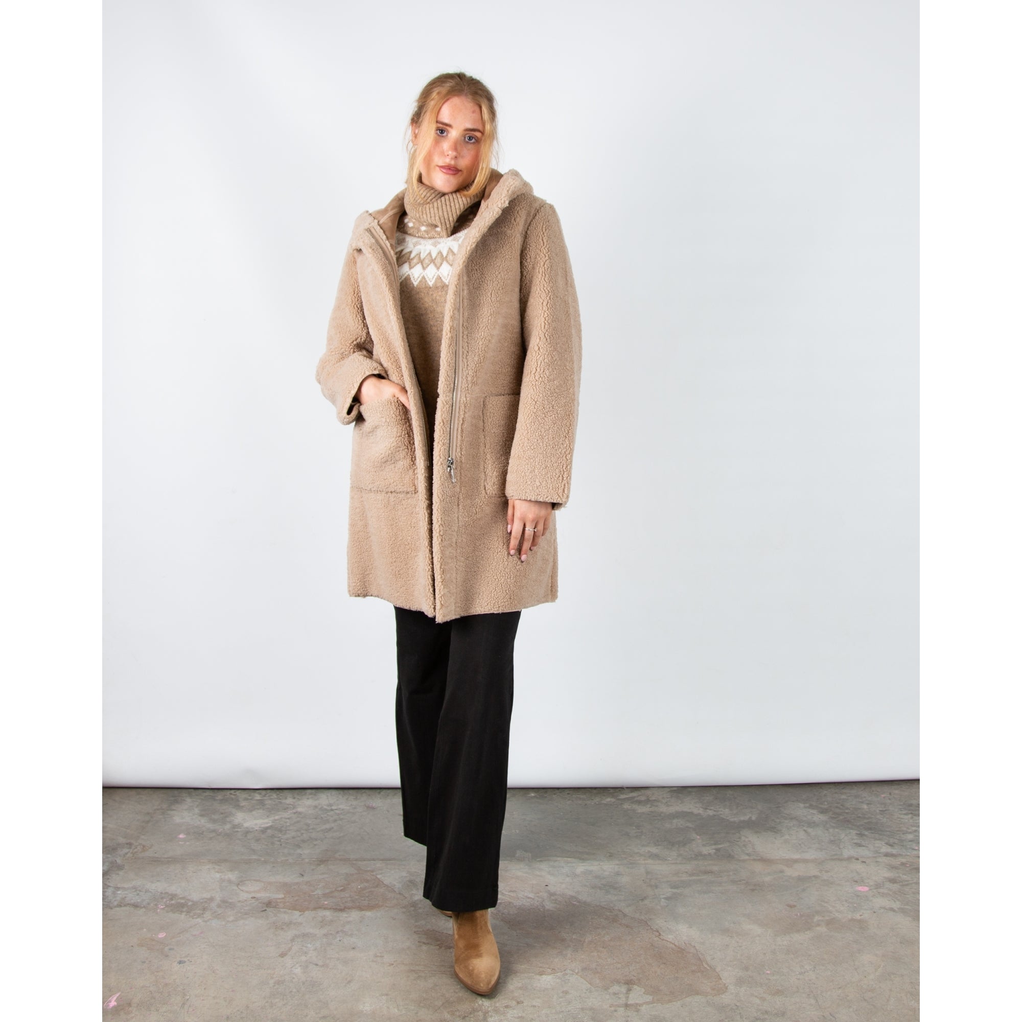 Rino & Pelle Alina Reversible Faux Shearling Coat With Hood Oat
