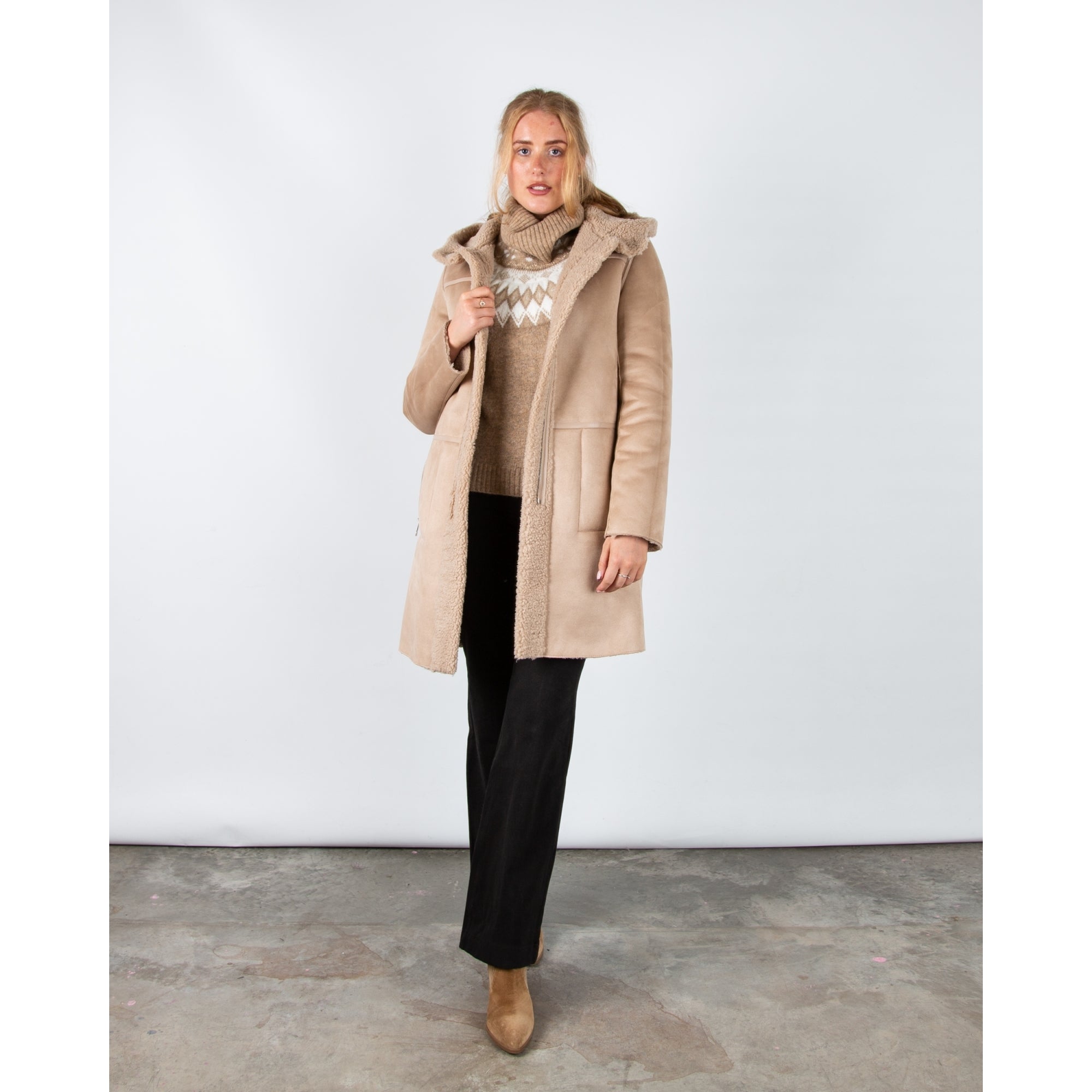 Rino & Pelle Alina Reversible Faux Shearling Coat With Hood Oat