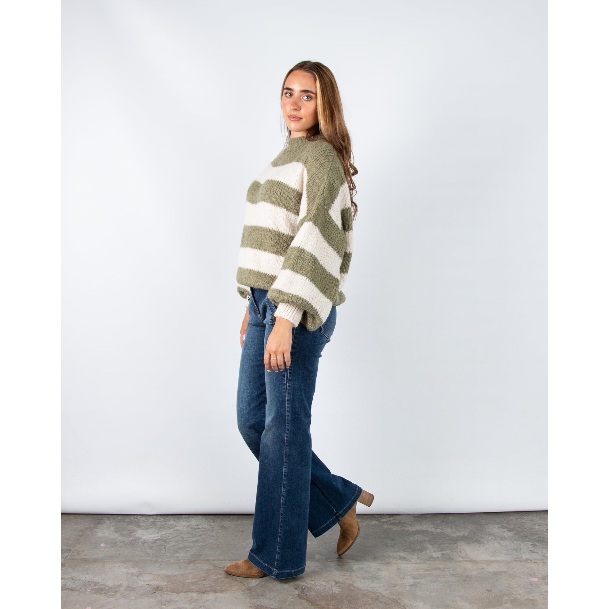Kris Ana Soft Chunky Knit Oversized Stripe Jumper Khaki/cream