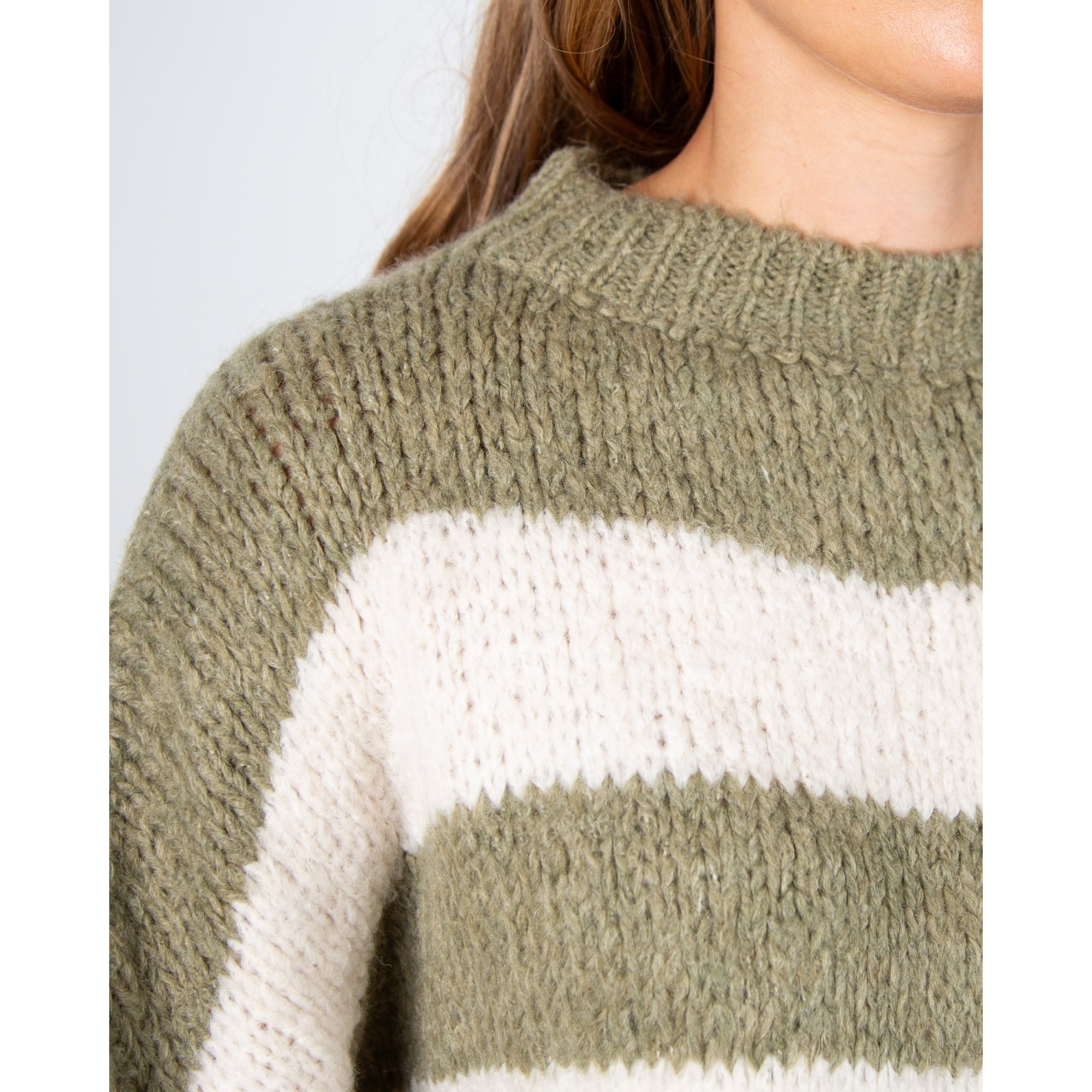Kris Ana Soft Chunky Knit Oversized Stripe Jumper Khaki/cream