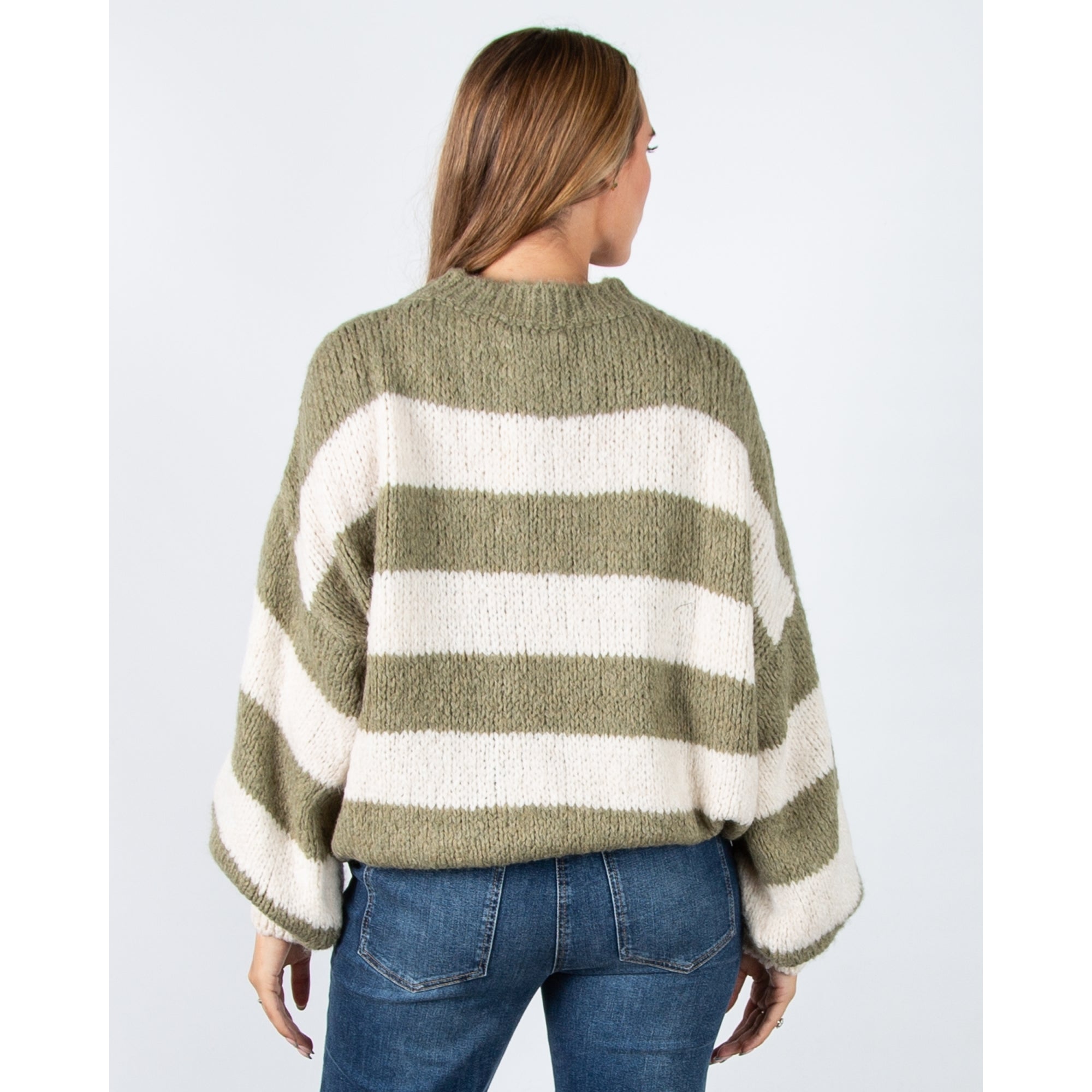 Kris Ana Soft Chunky Knit Oversized Stripe Jumper Khaki/cream