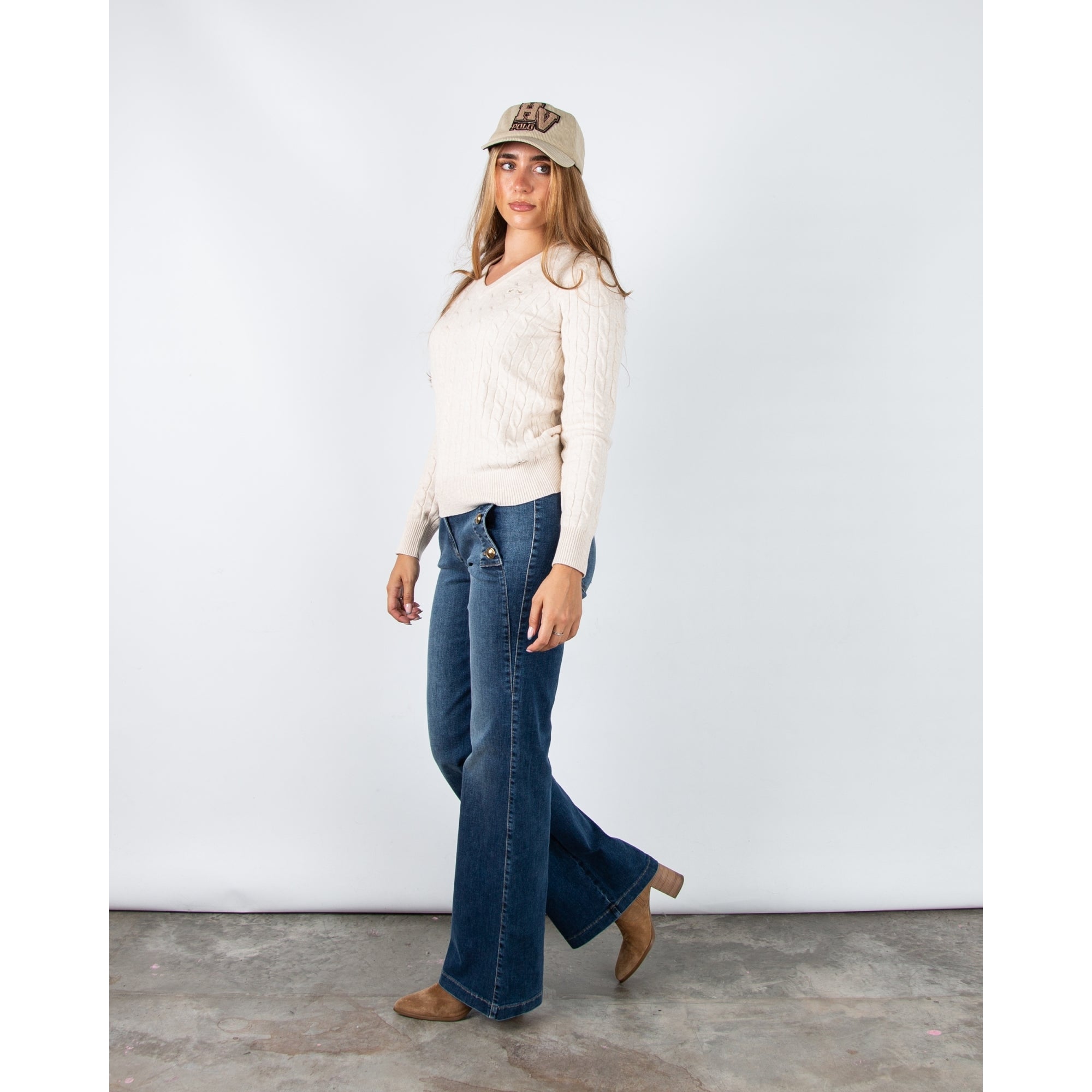 Hv Society Celia V Neck Cable Knit Jumper With Rib Trim Beige