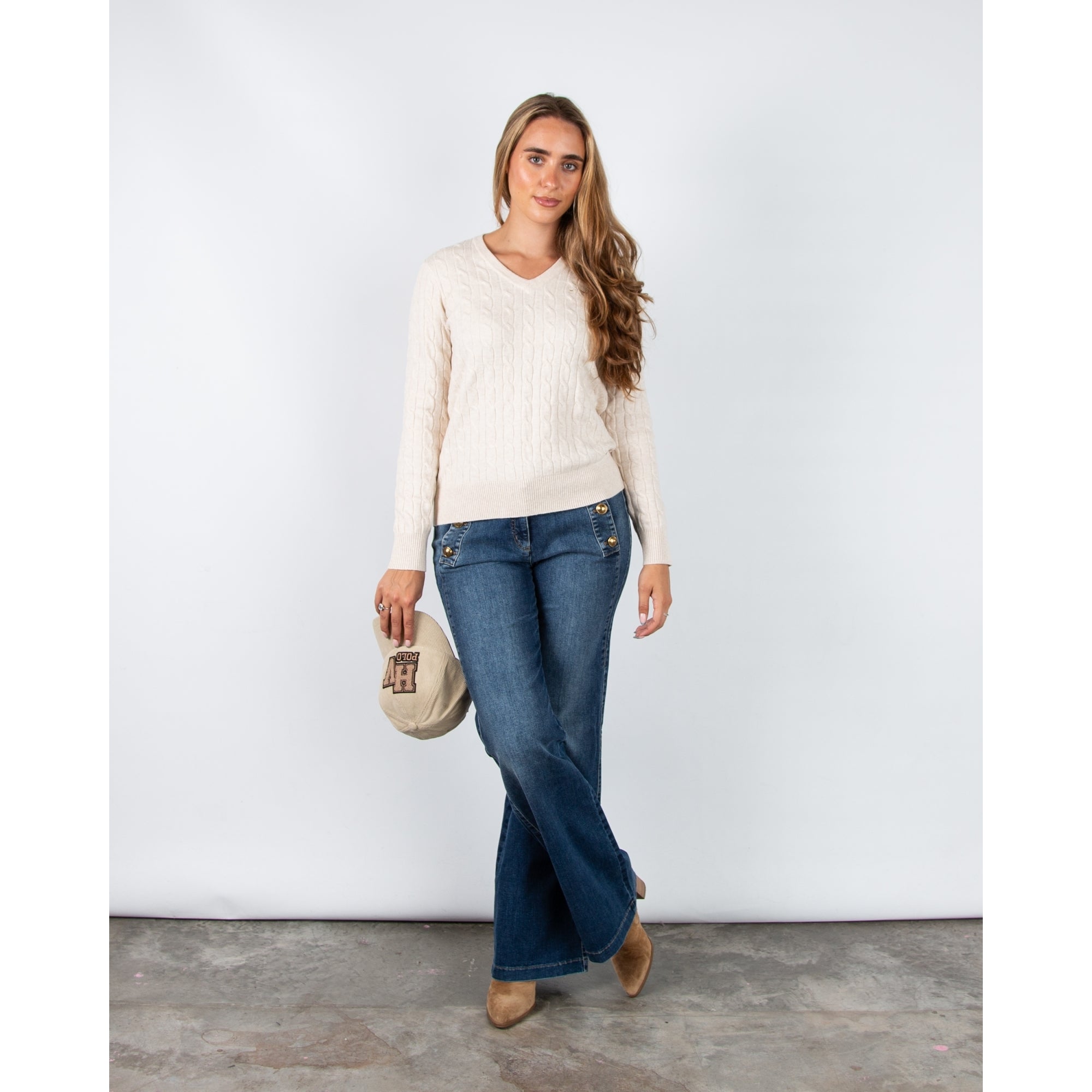 Hv Society Celia V Neck Cable Knit Jumper With Rib Trim Beige