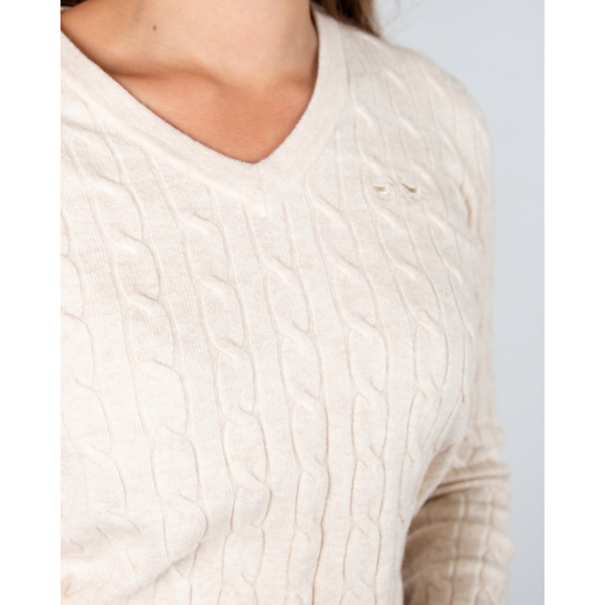Hv Society Celia V Neck Cable Knit Jumper With Rib Trim Beige