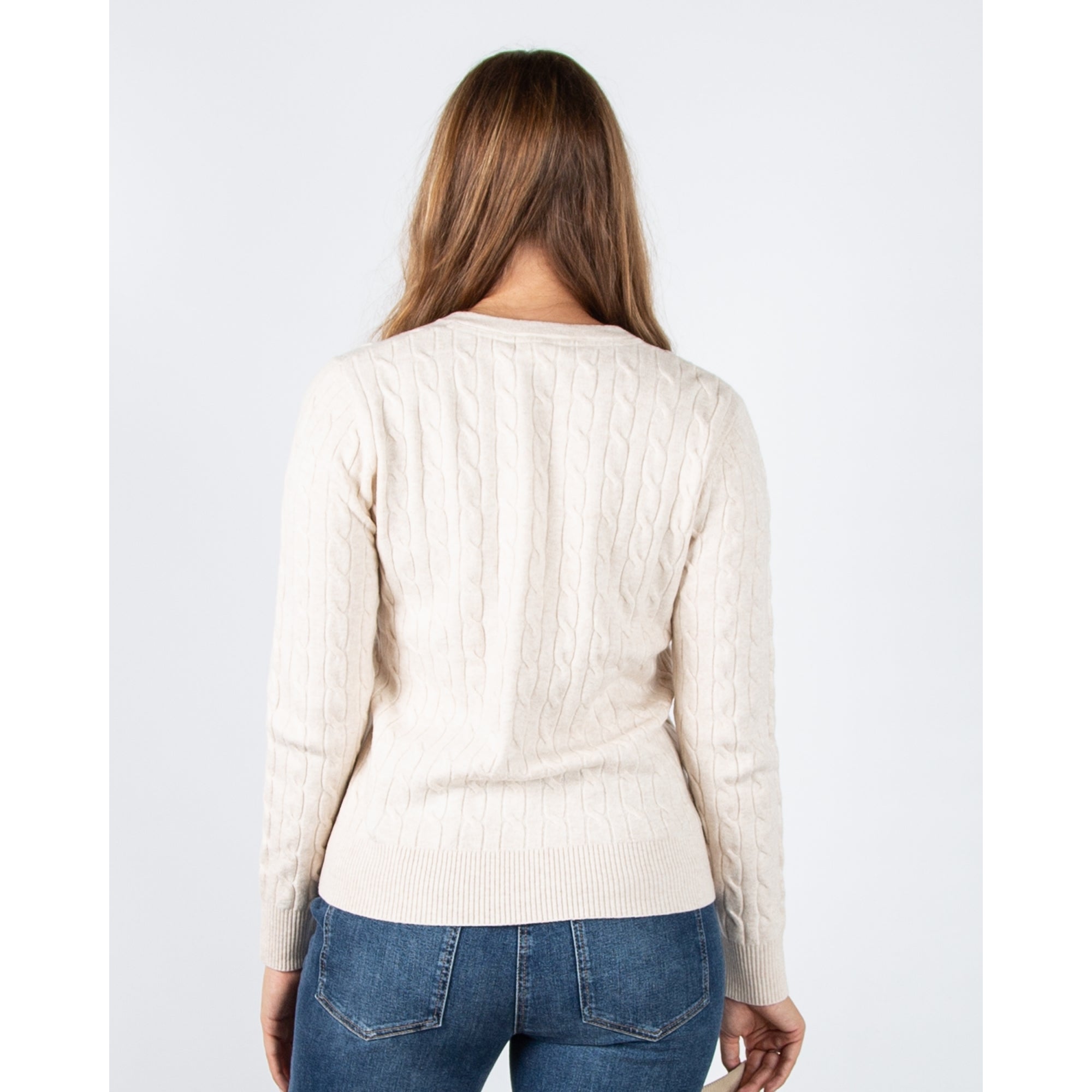 Hv Society Celia V Neck Cable Knit Jumper With Rib Trim Beige