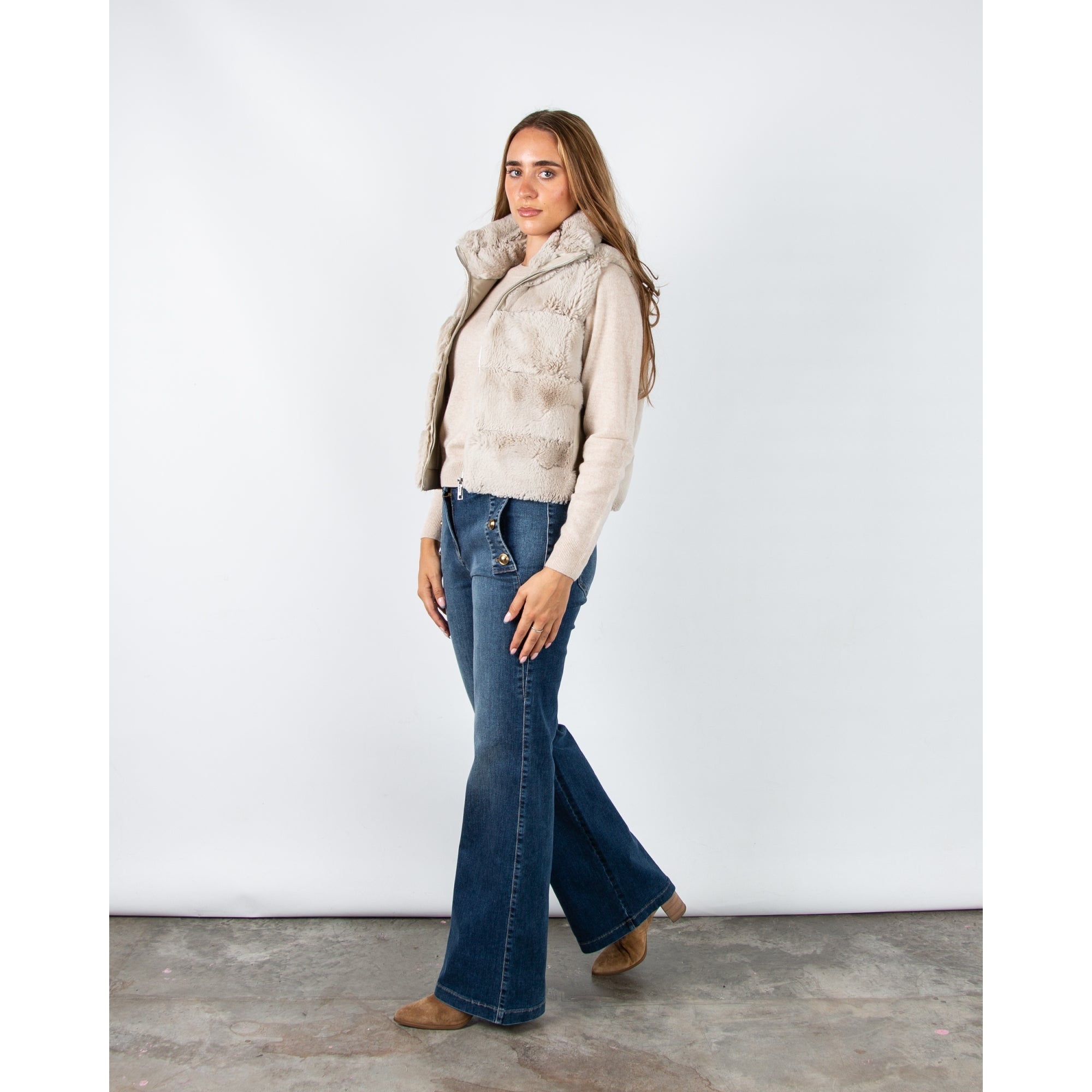 Rino & Pelle May Wide Panel Faux Fur Gilet With Pleather Trim Birch